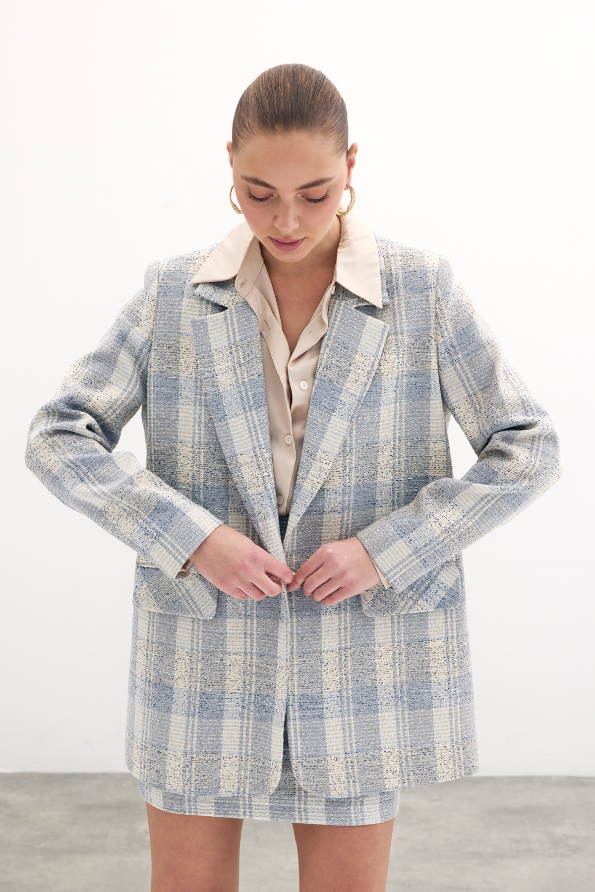 Kare Desen Uzun Ceket - Mavi