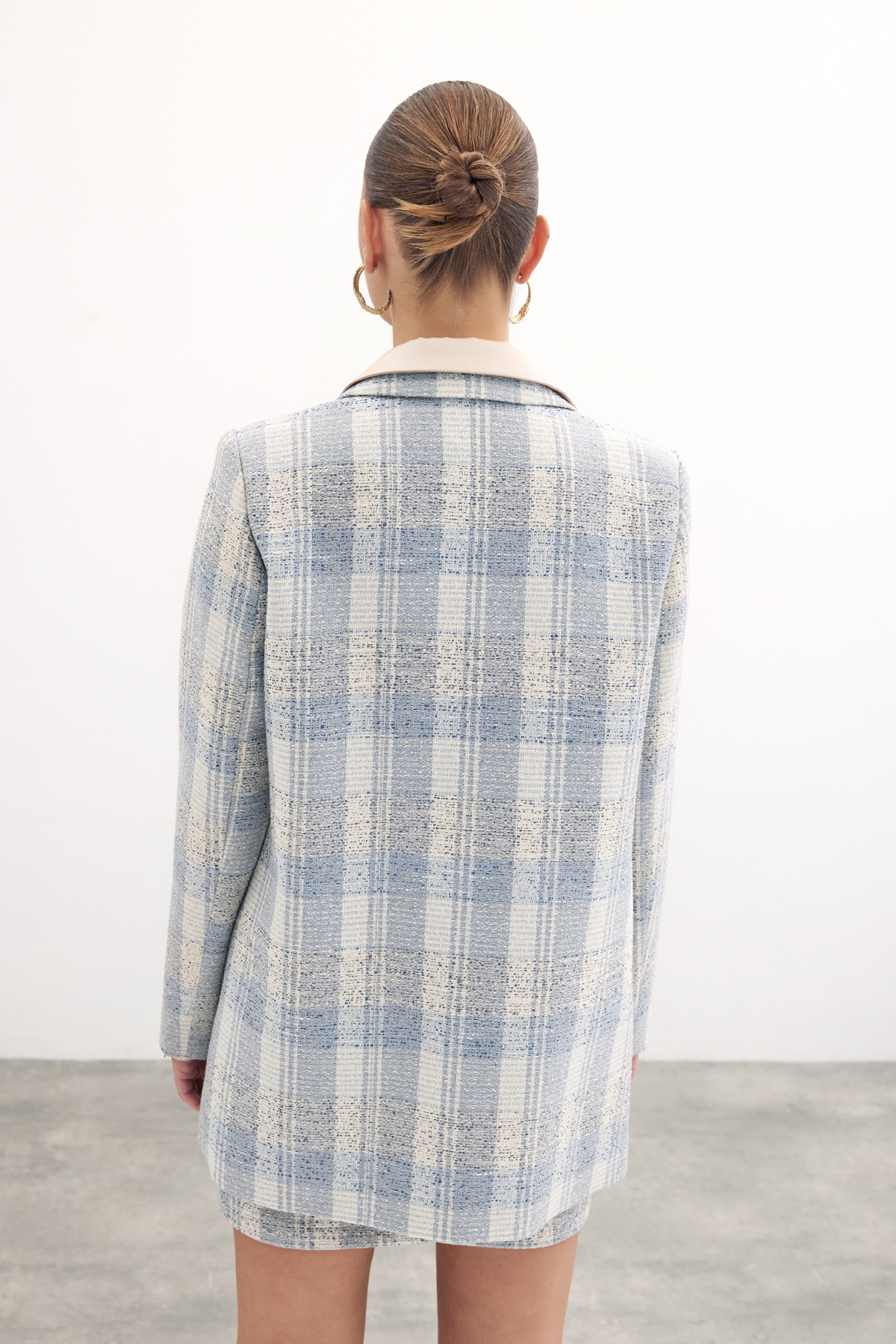 Kare Desen Uzun Ceket - Mavi