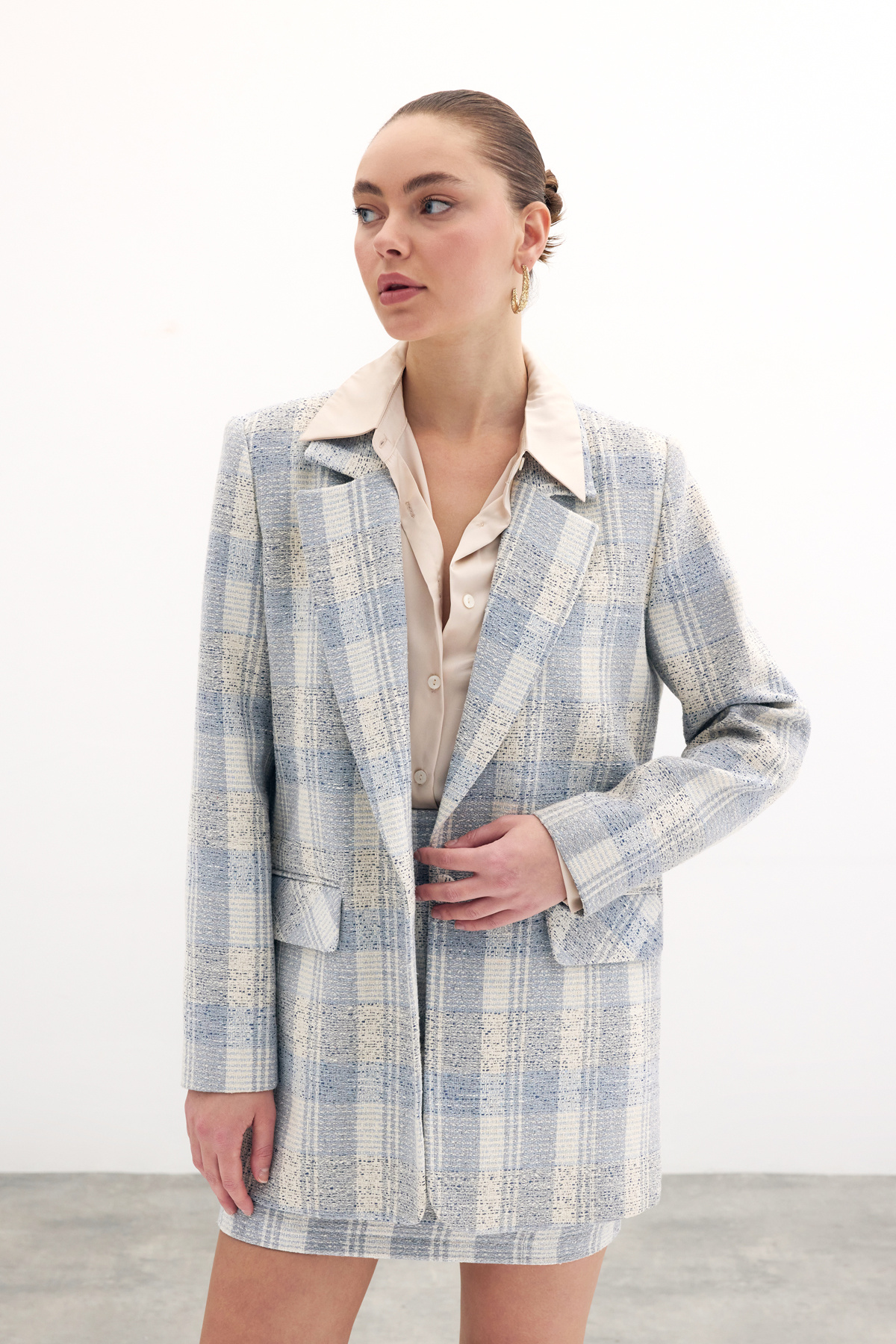 Kare Desen Uzun Ceket - Mavi