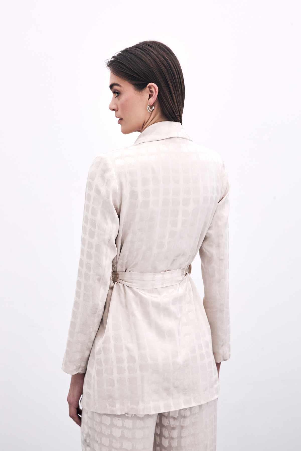 Kare Desenli Kuşaklı ceket - Bej