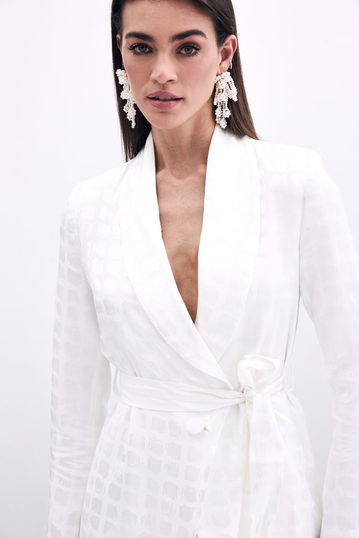 Kare Desenli Kuşaklı ceket - Ekru