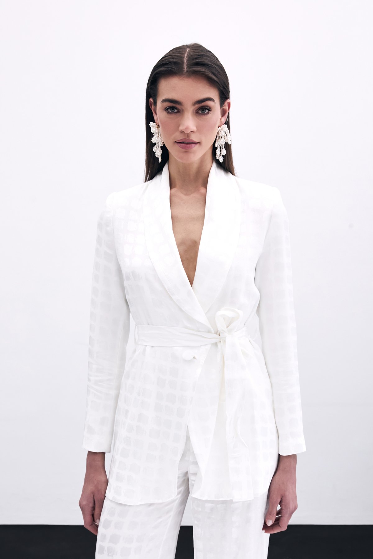 Kare Desenli Kuşaklı ceket - Ekru