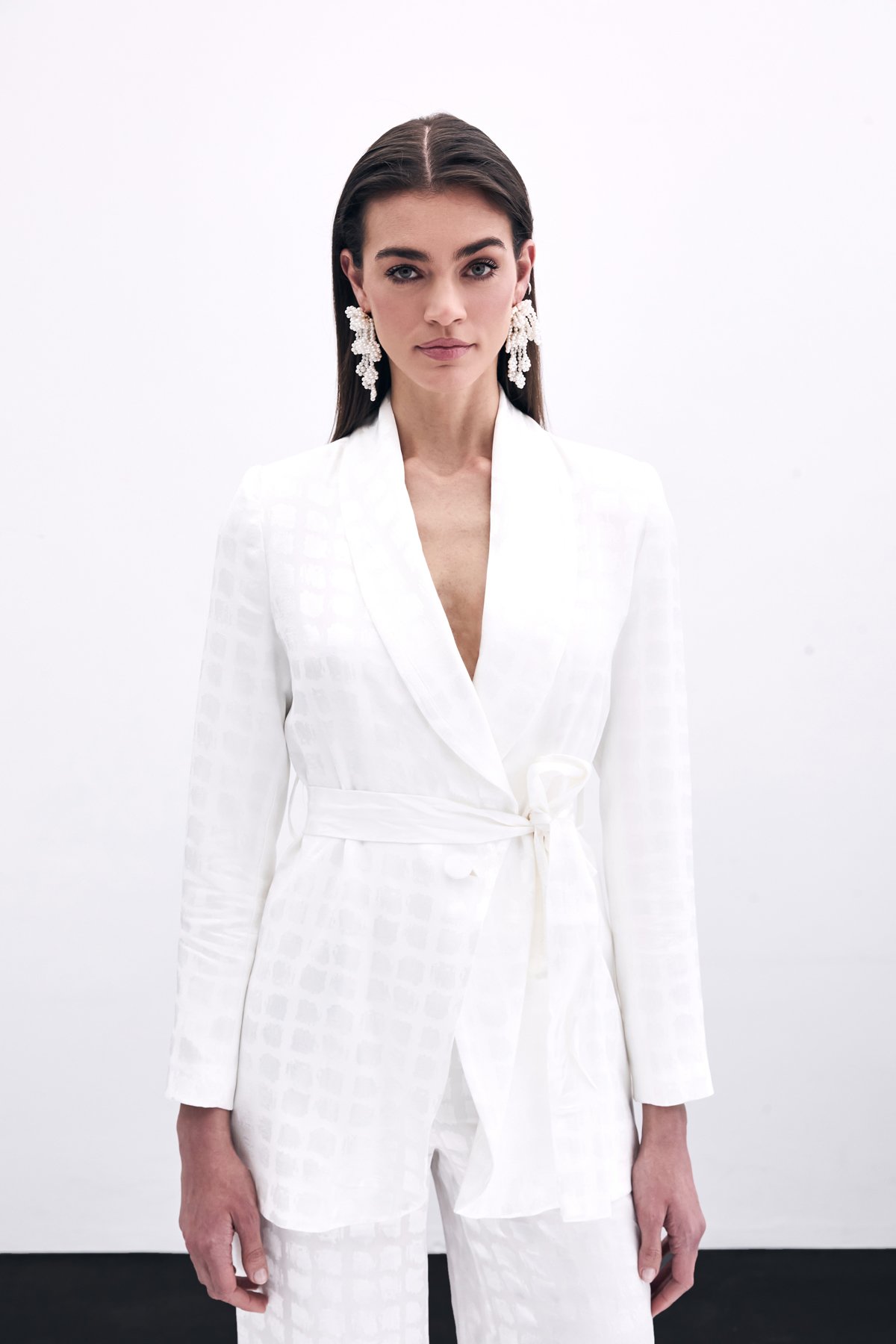 Kare Desenli Kuşaklı ceket - Ekru