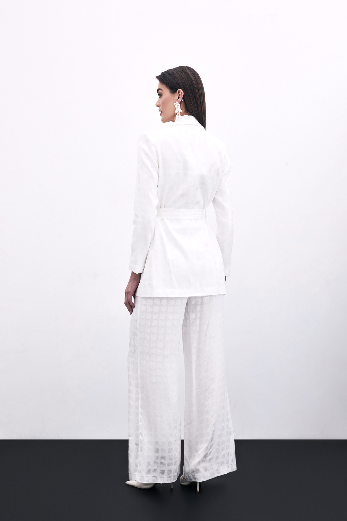 Kare Desenli Kuşaklı ceket - Ekru