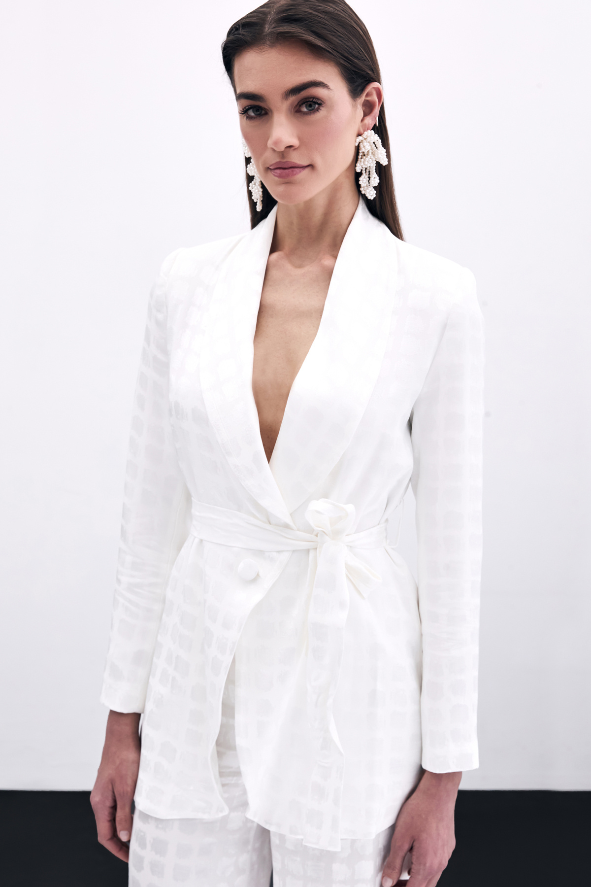 Kare Desenli Kuşaklı ceket - Ekru