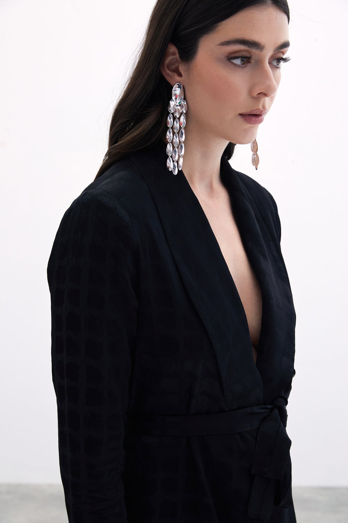 Kare Desenli Kuşaklı ceket - Siyah