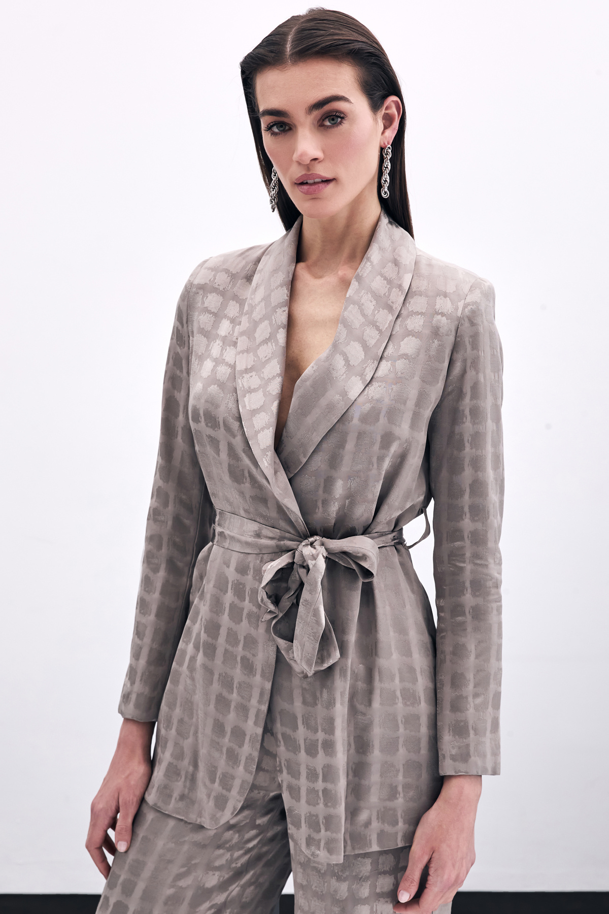 Kare Desenli Kuşaklı ceket - Vizon