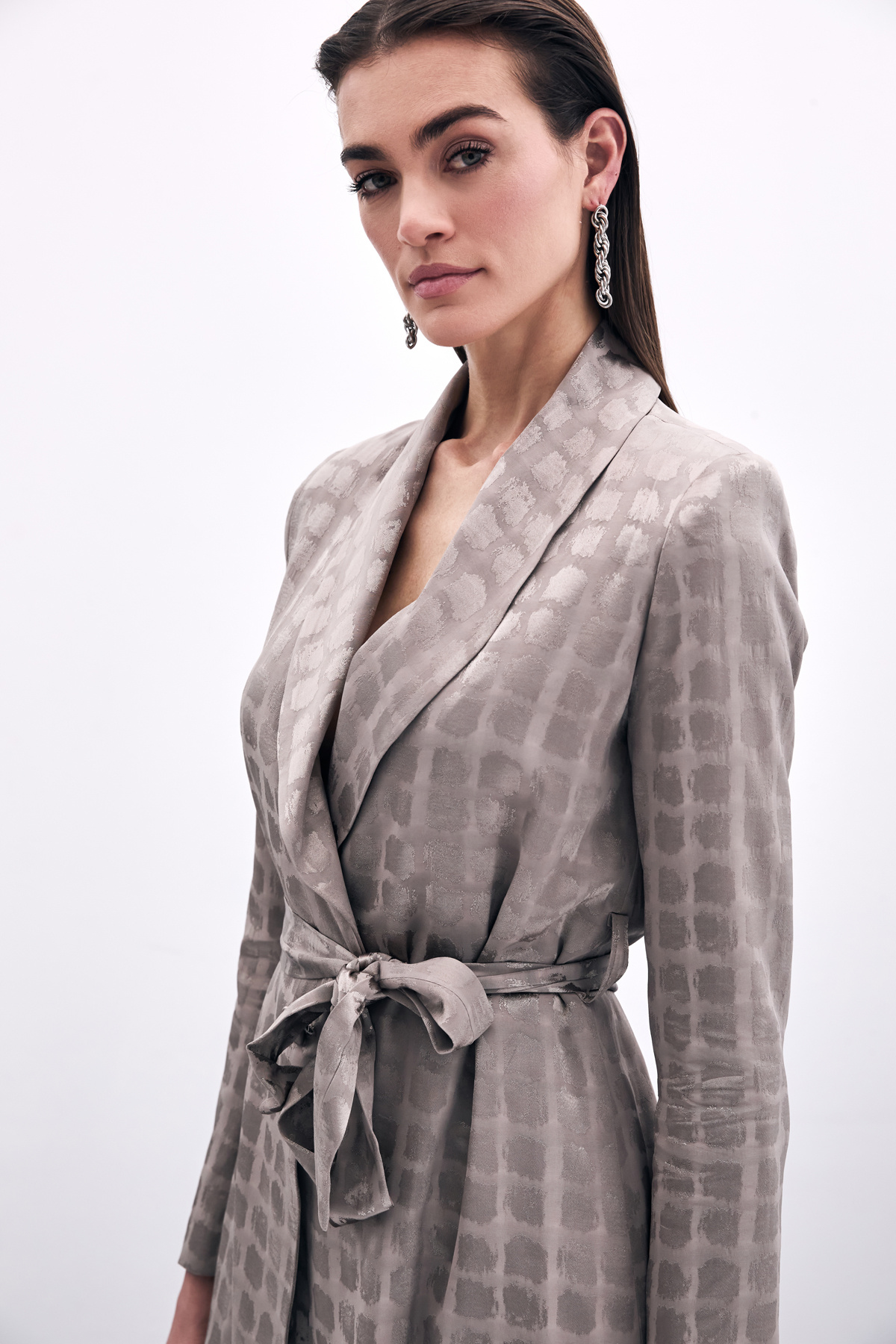 Kare Desenli Kuşaklı ceket - Vizon