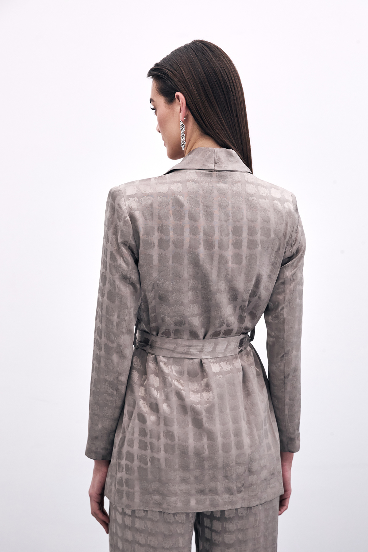 Kare Desenli Kuşaklı ceket - Vizon