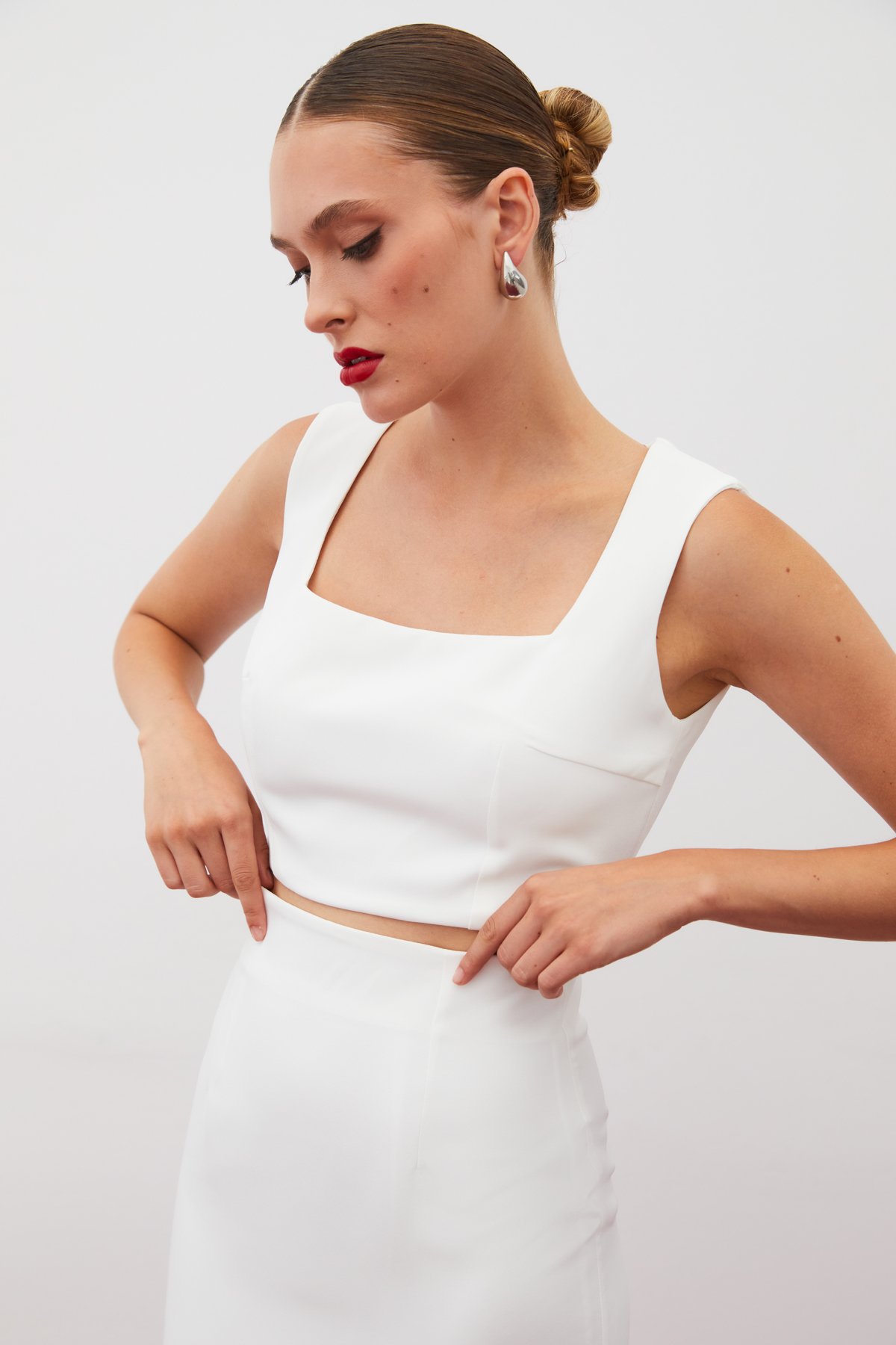 Kare Yaka Crop Bluz - EKRU