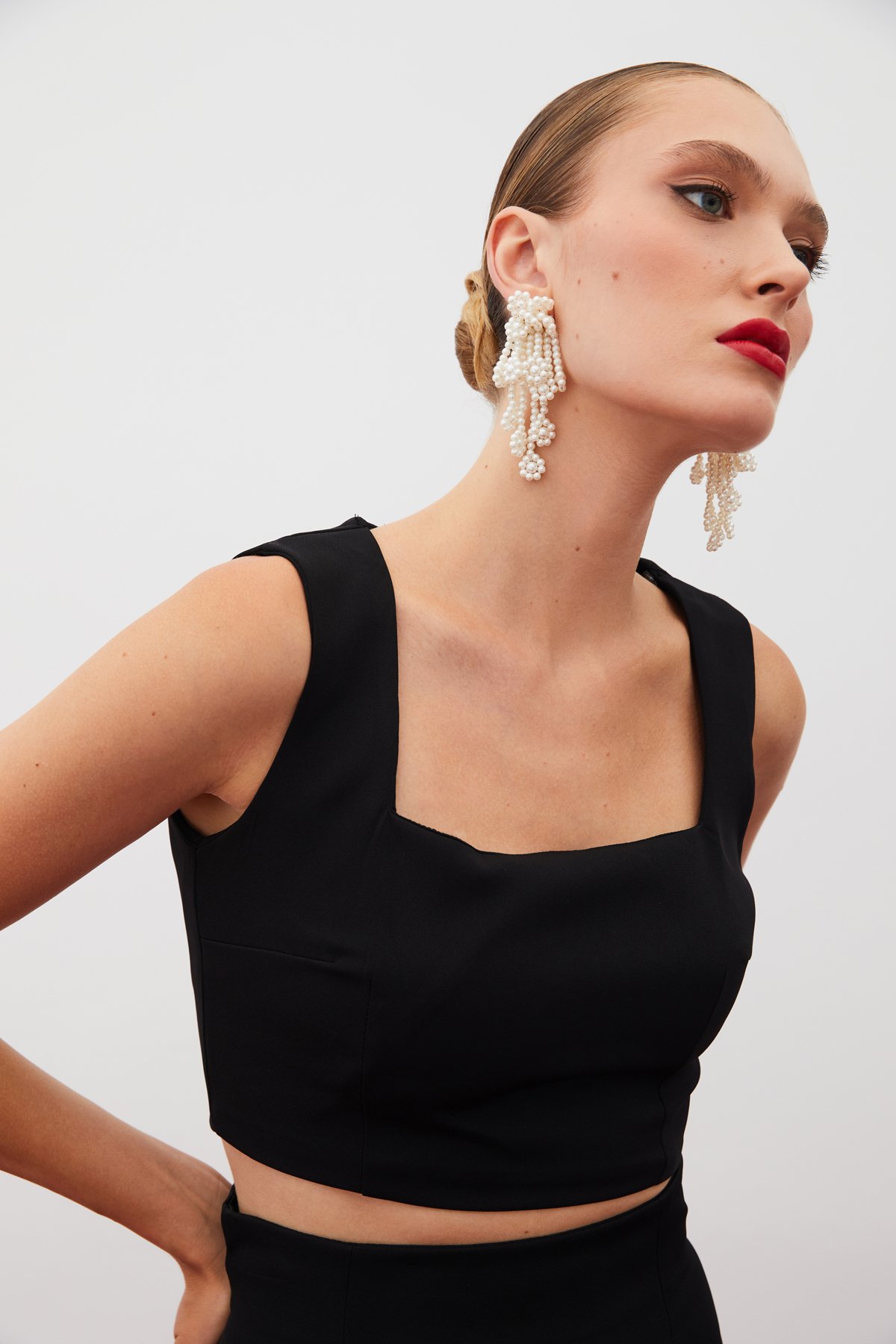 Kare Yaka Crop Bluz - SİYAH