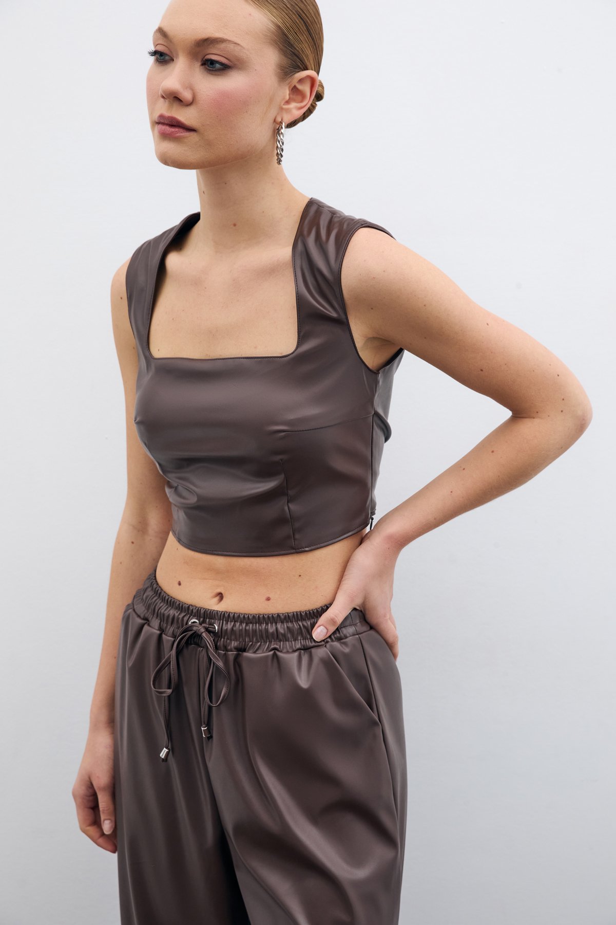 Square Collar Leather Crop Blouse - Dark coffee