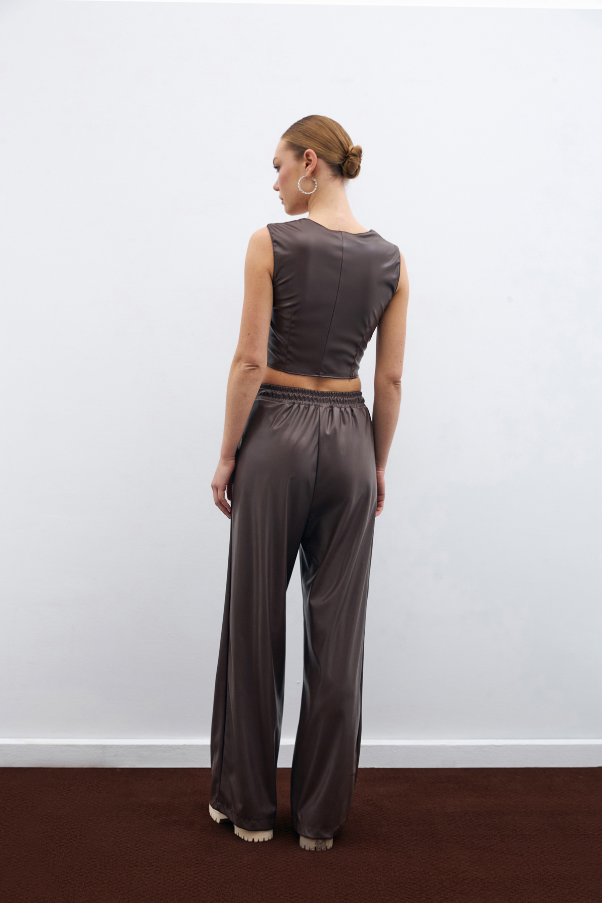 Square Collar Leather Crop Blouse - Dark coffee