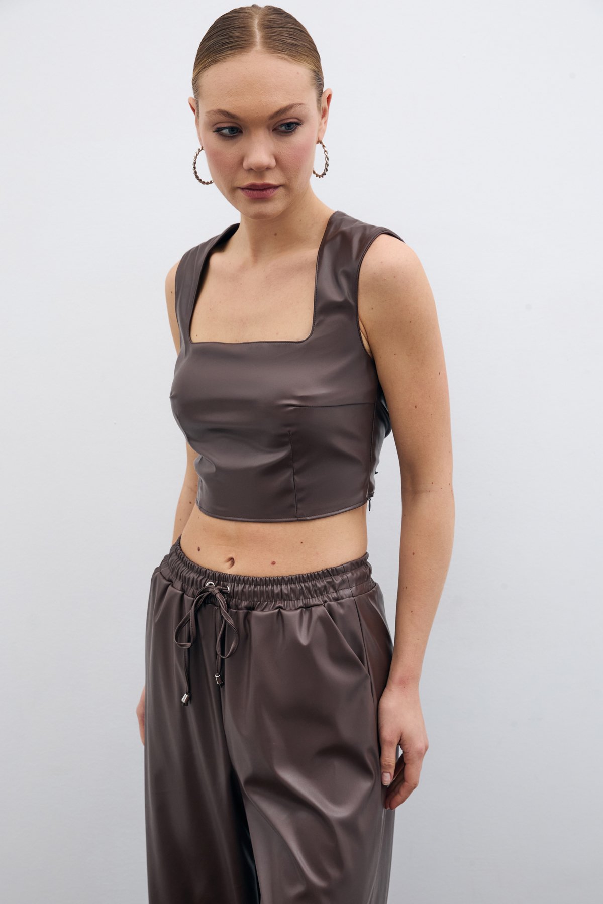 Square Collar Leather Crop Blouse - Dark coffee