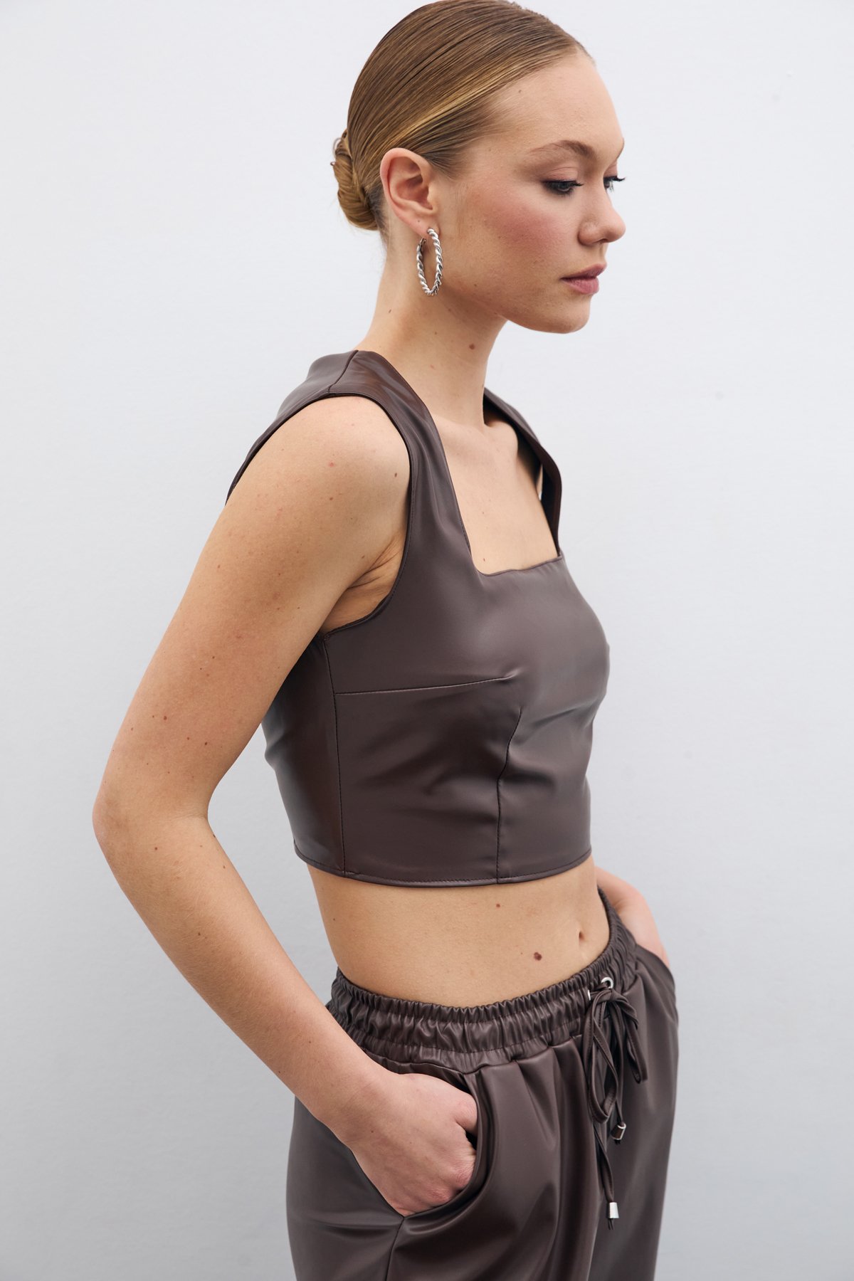 Square Collar Leather Crop Blouse - Dark coffee