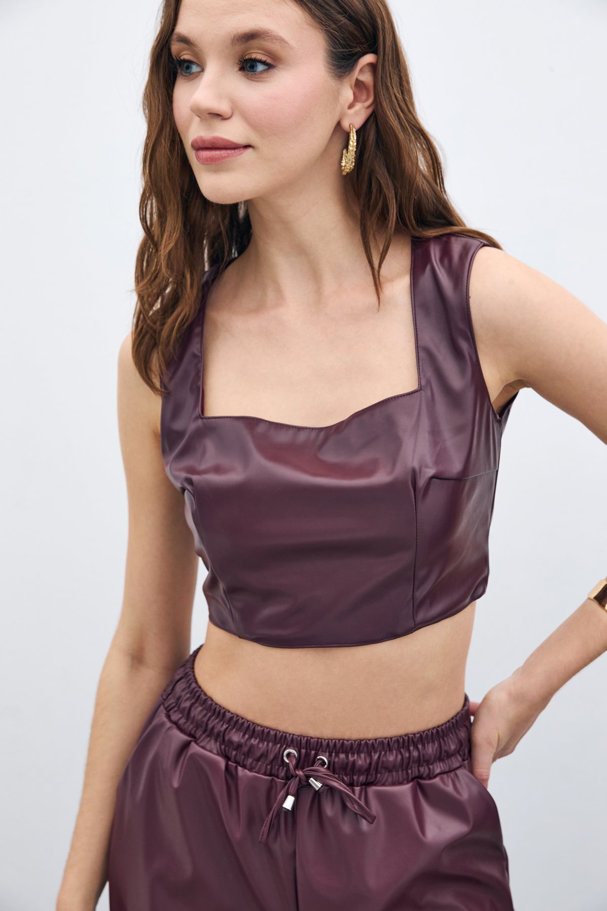 Kare Yaka Deri Crop - Bordo