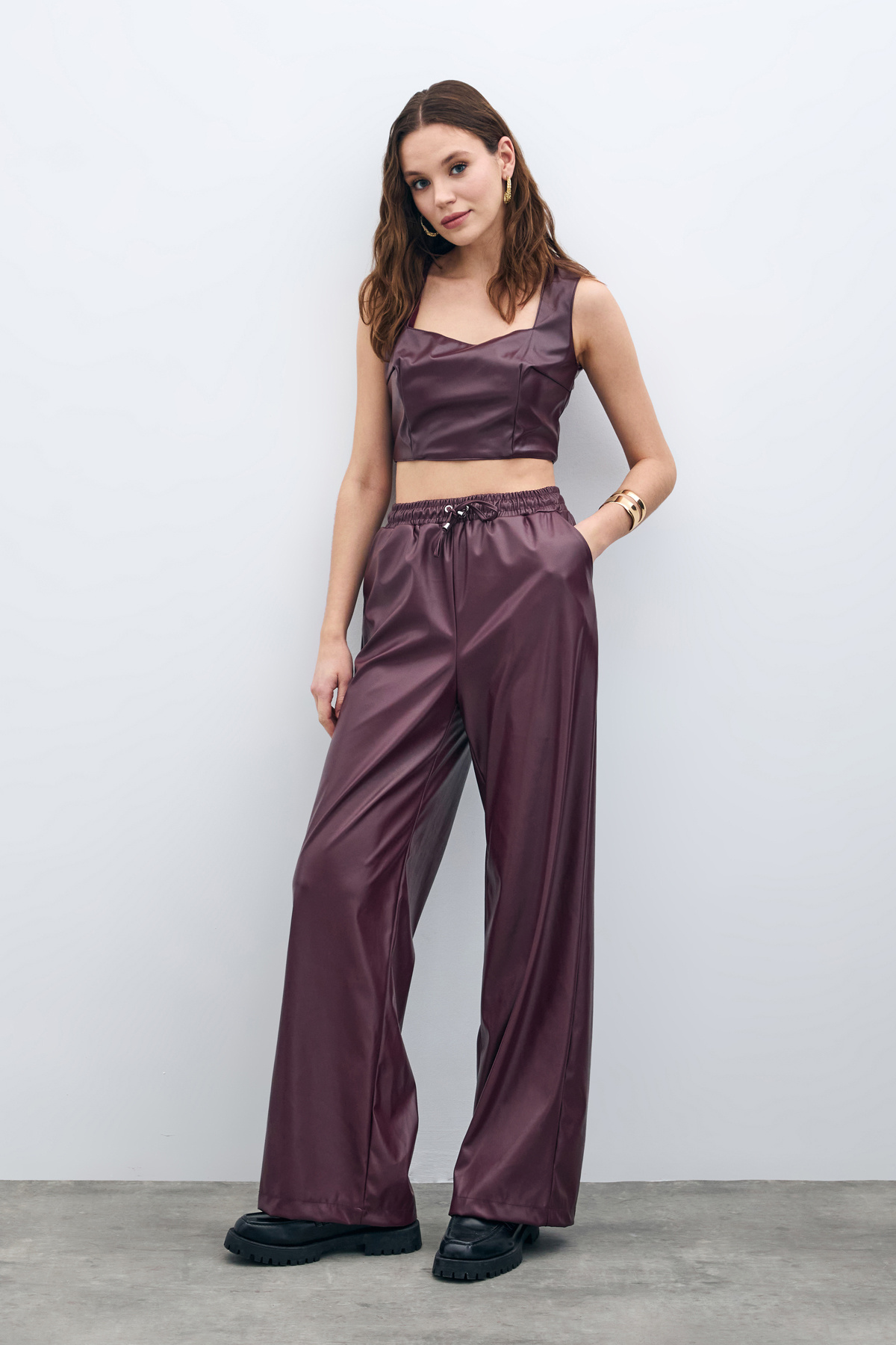 Kare Yaka Deri Crop - Bordo