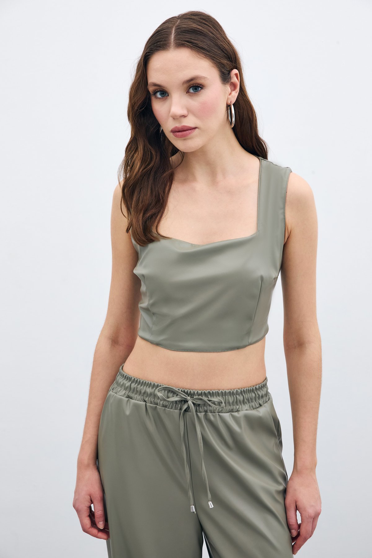 Kare Yaka Deri Crop - Çağla Yeşili