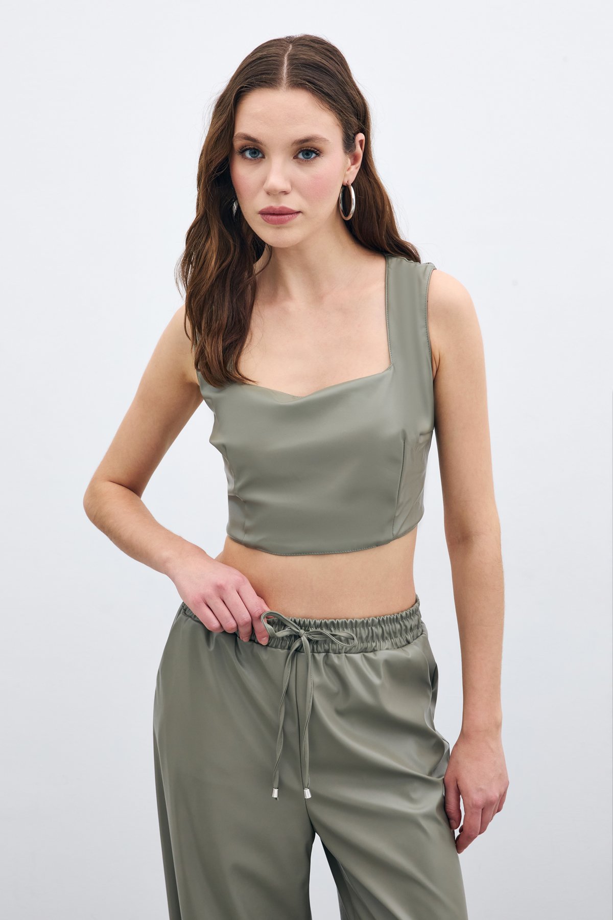 Kare Yaka Deri Crop - Çağla Yeşili