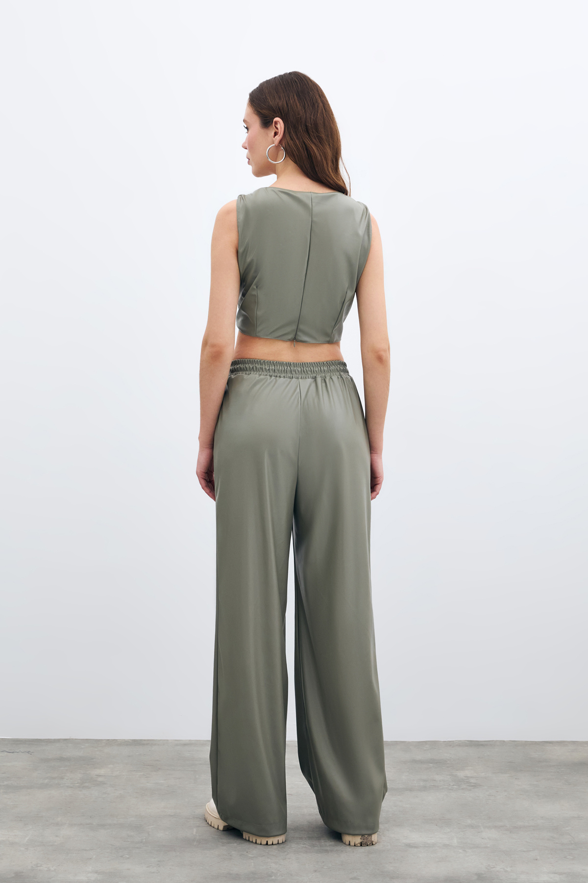 Kare Yaka Deri Crop - Çağla Yeşili