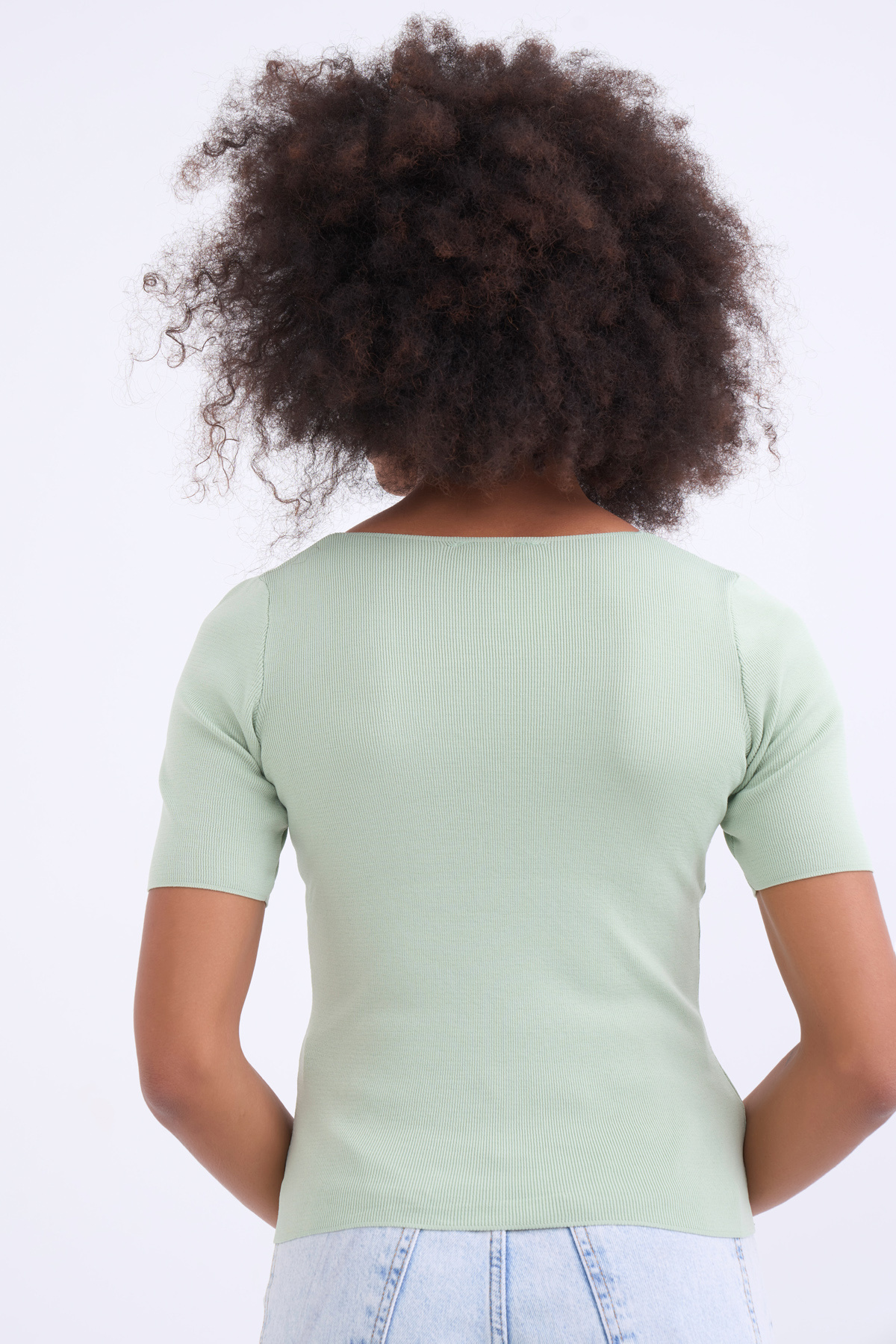 Square neck knit blouse - GREEN ALMOND