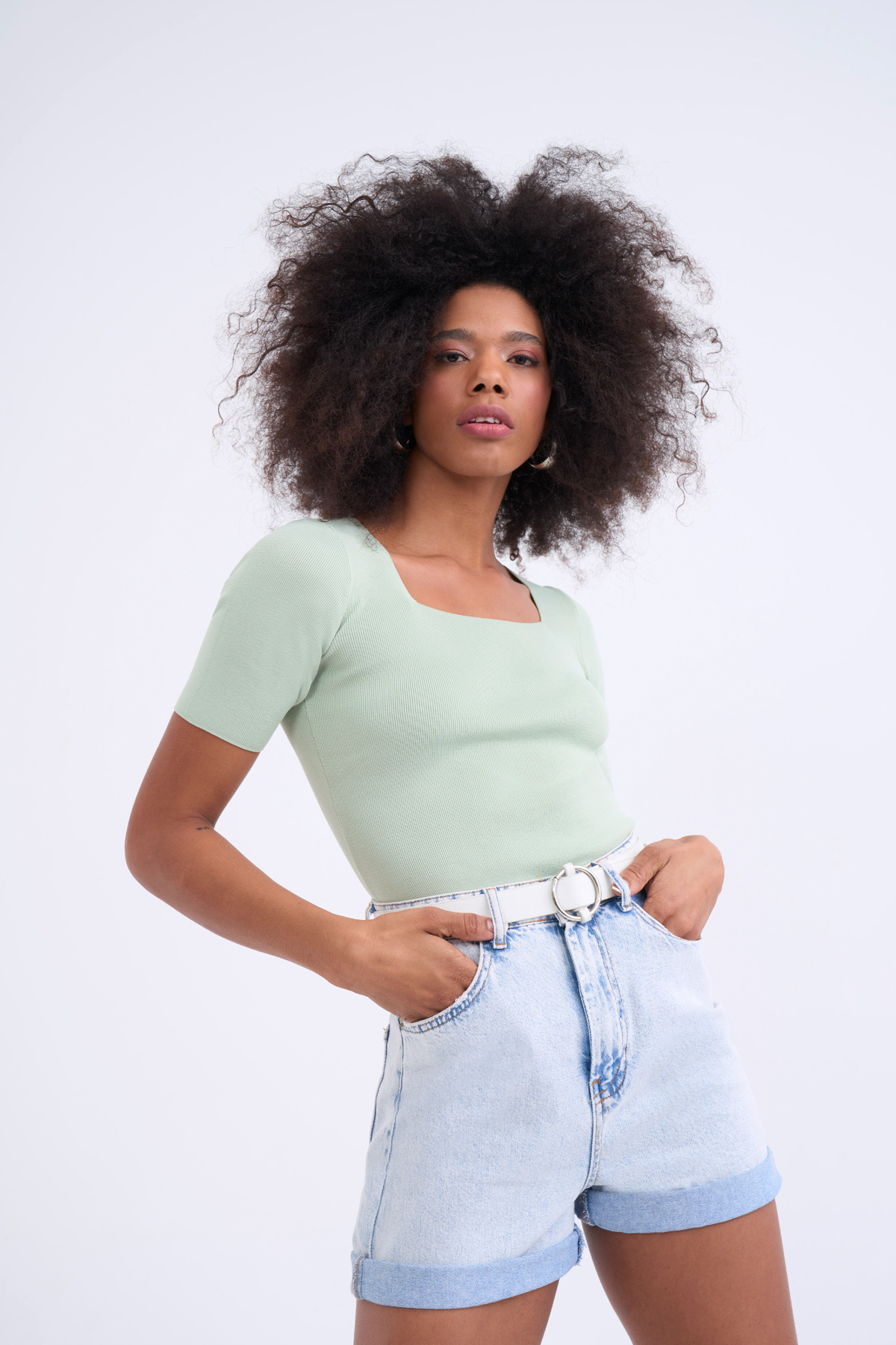 Square neck knit blouse - GREEN ALMOND