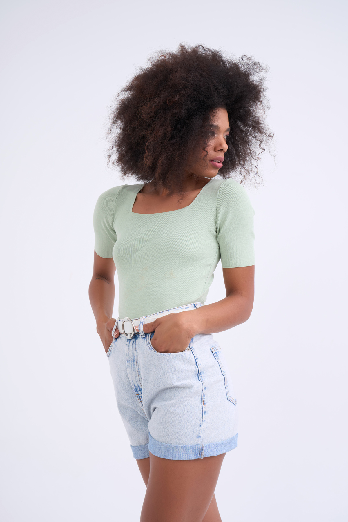 Square neck knit blouse - GREEN ALMOND