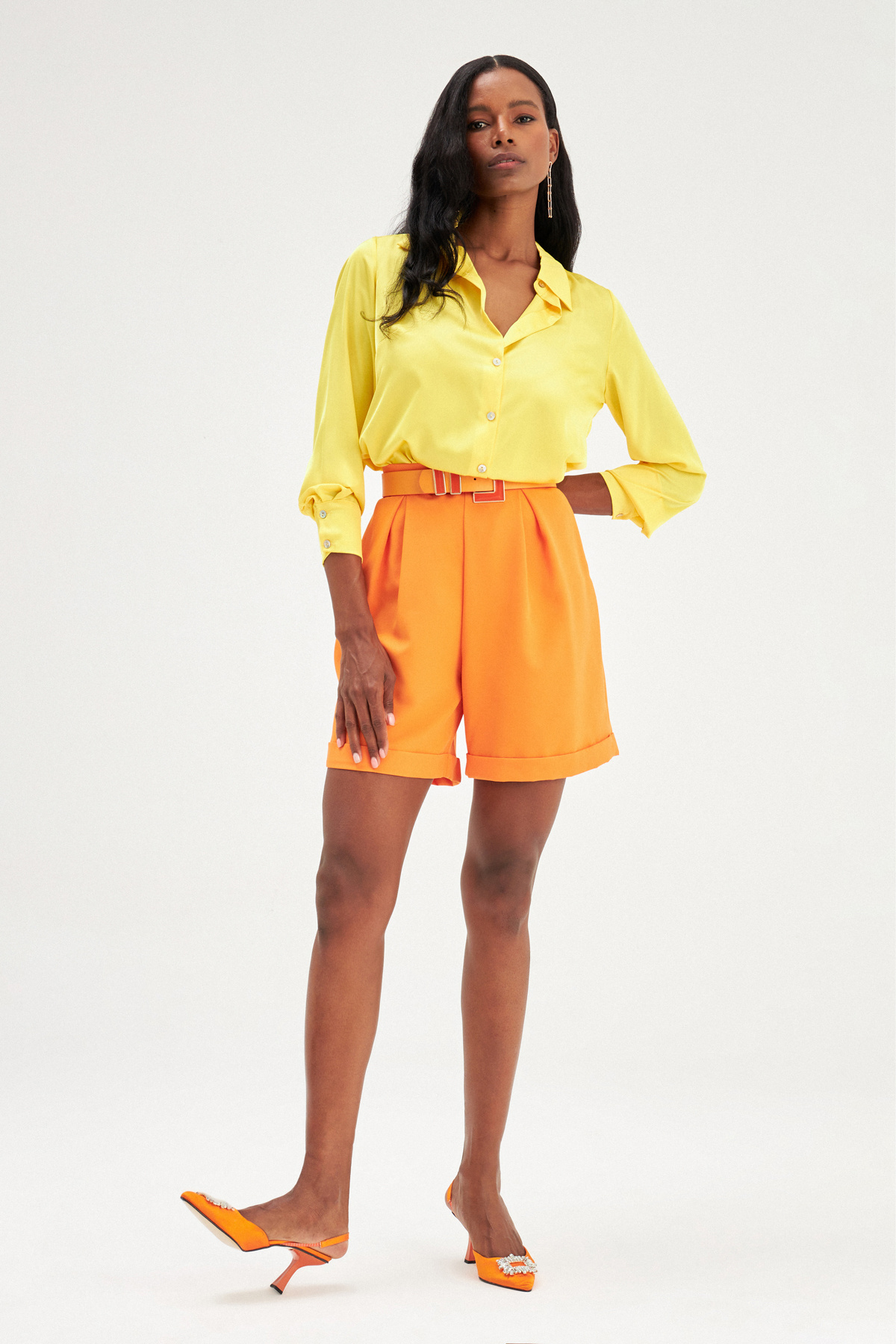 Kat Detaylı Salaş Şort - ORANJ
