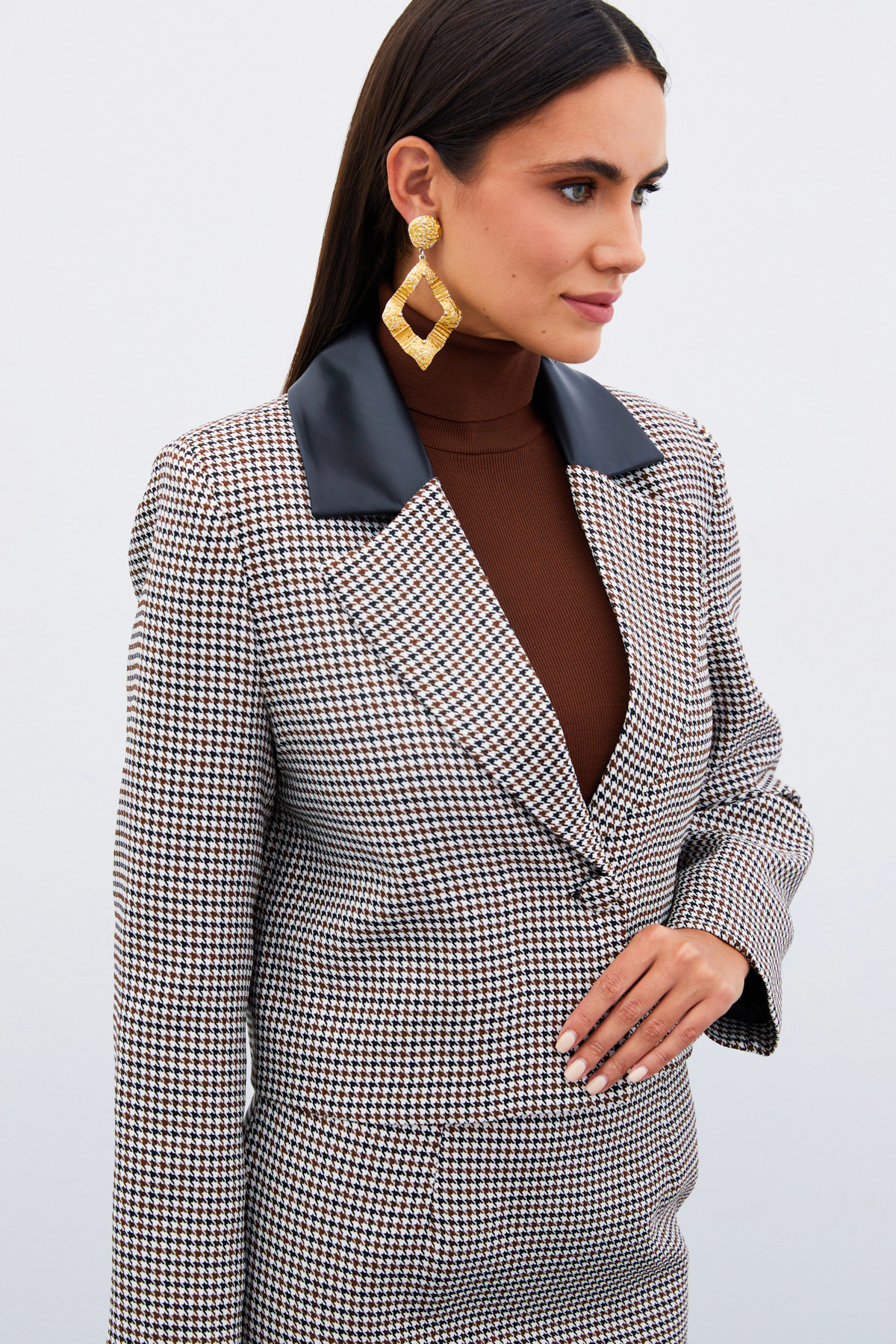Houndstooth Crop Jacket - BROWN