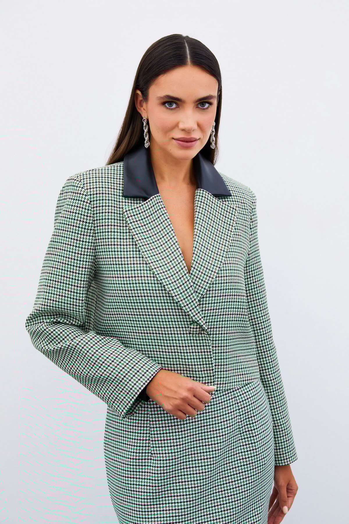 Kazayağı Crop Ceket - YEŞİL