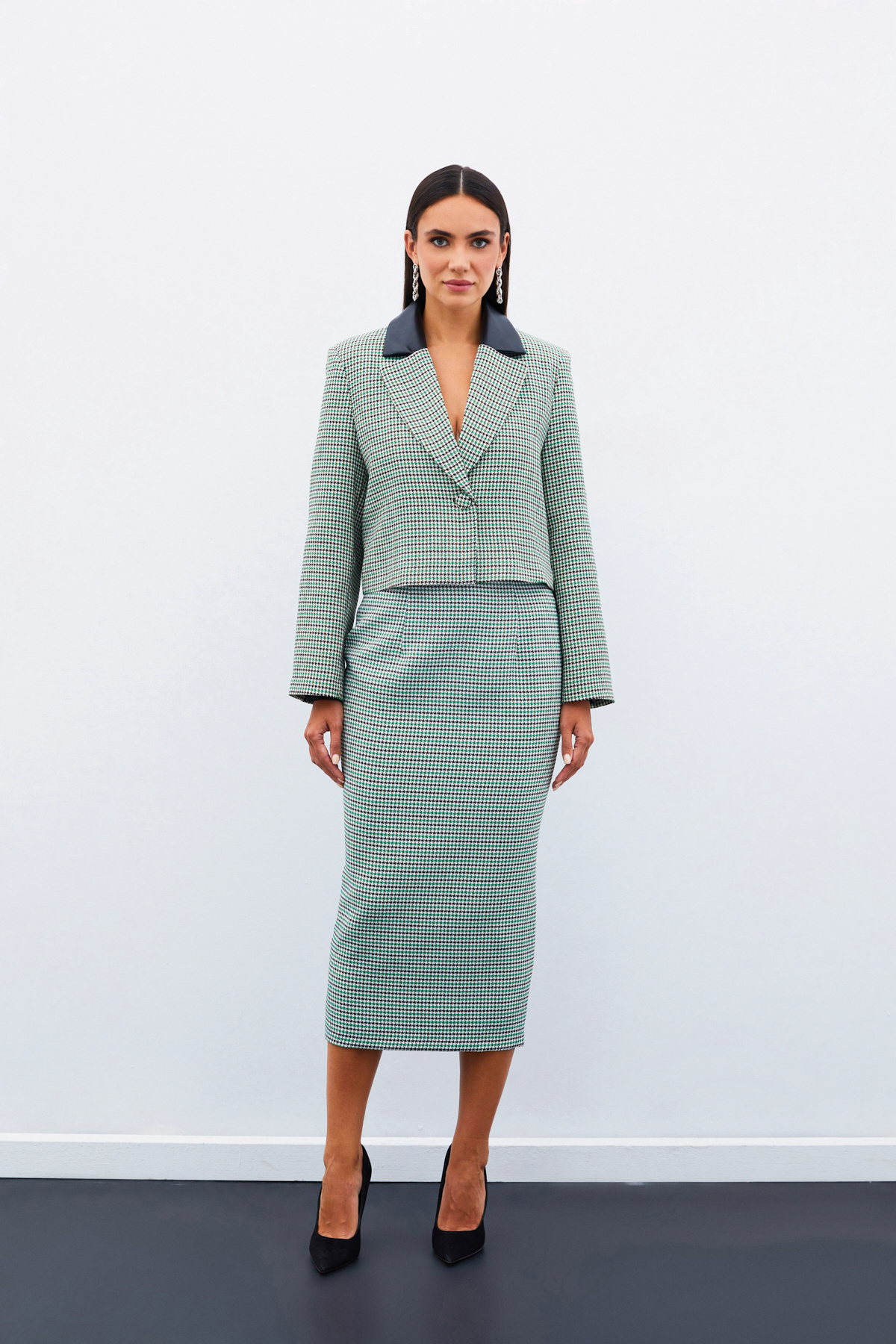 Kazayağı Crop Ceket - YEŞİL