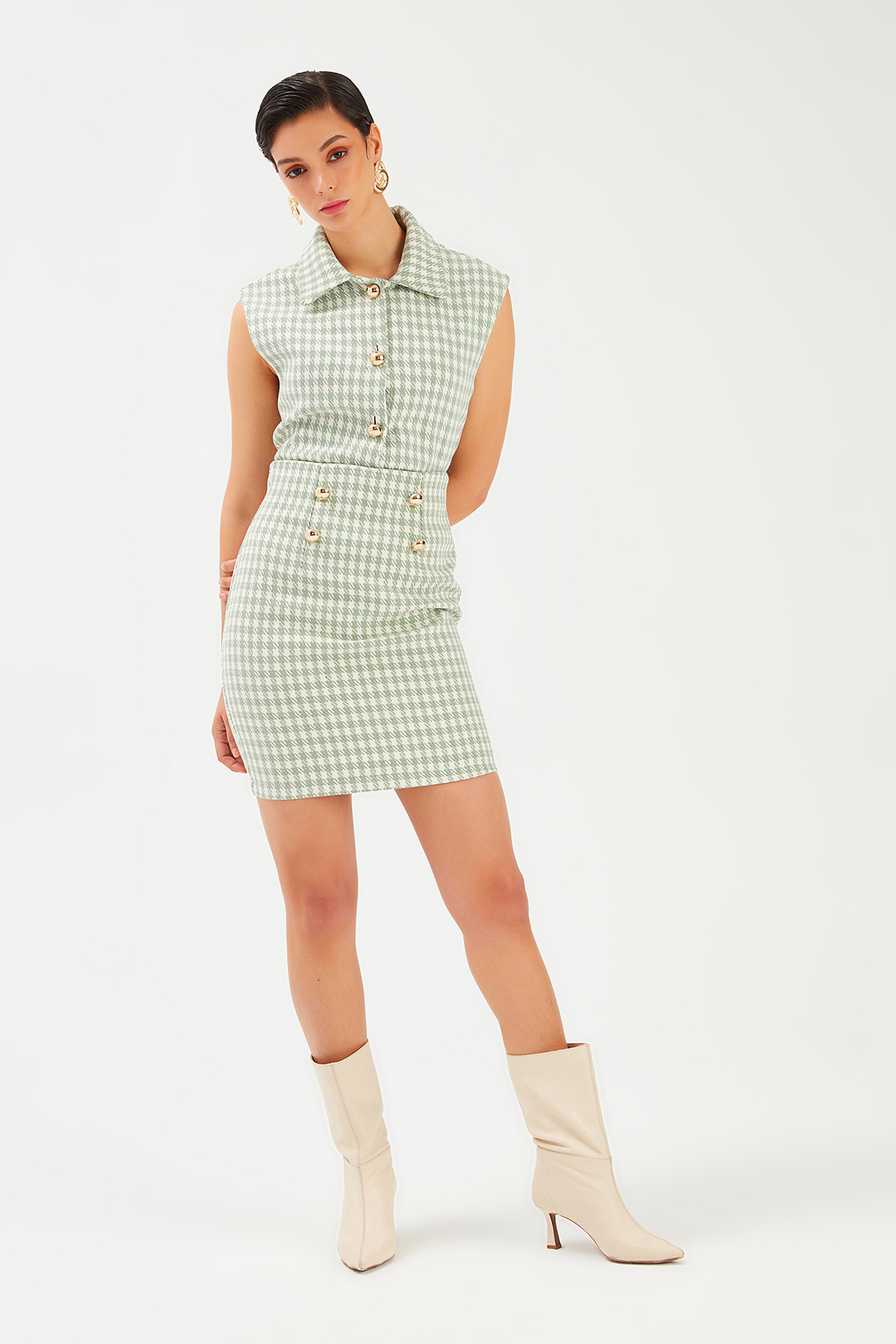 Kazayağı Desenli Mini Etek - ÇAĞLA YEŞİLİ