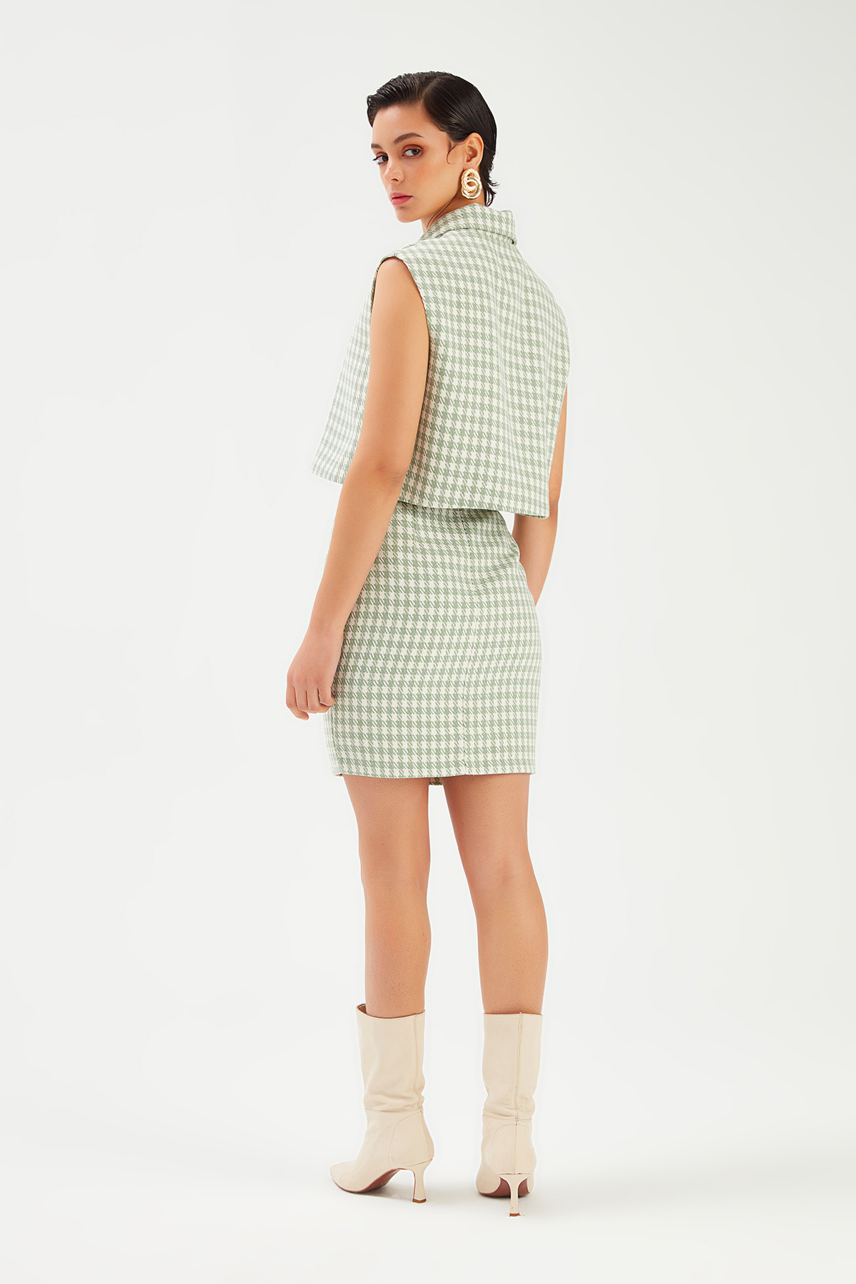 Kazayağı Desenli Mini Etek - ÇAĞLA YEŞİLİ