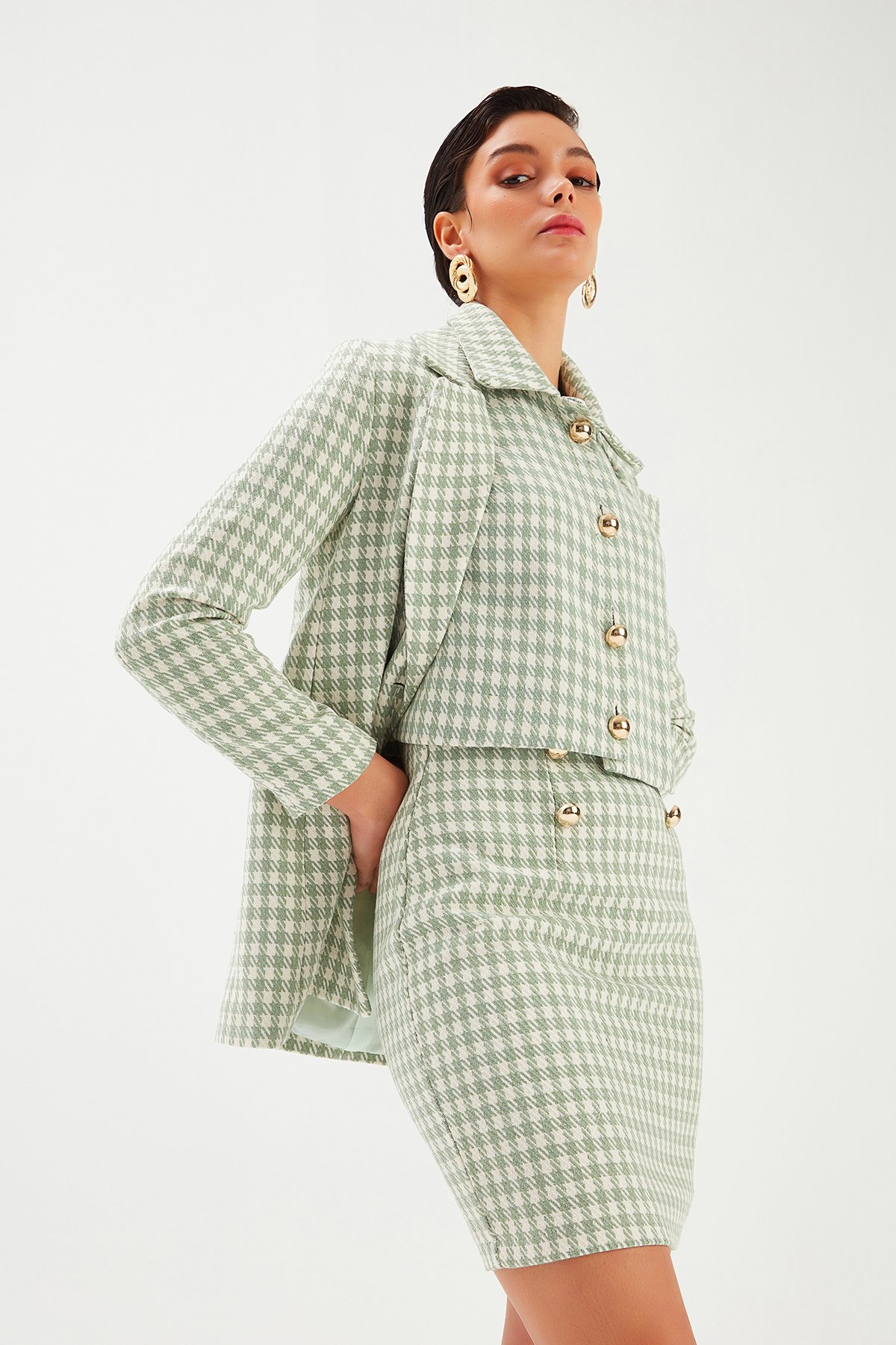 Kazayağı Desenli Mini Etek - ÇAĞLA YEŞİLİ