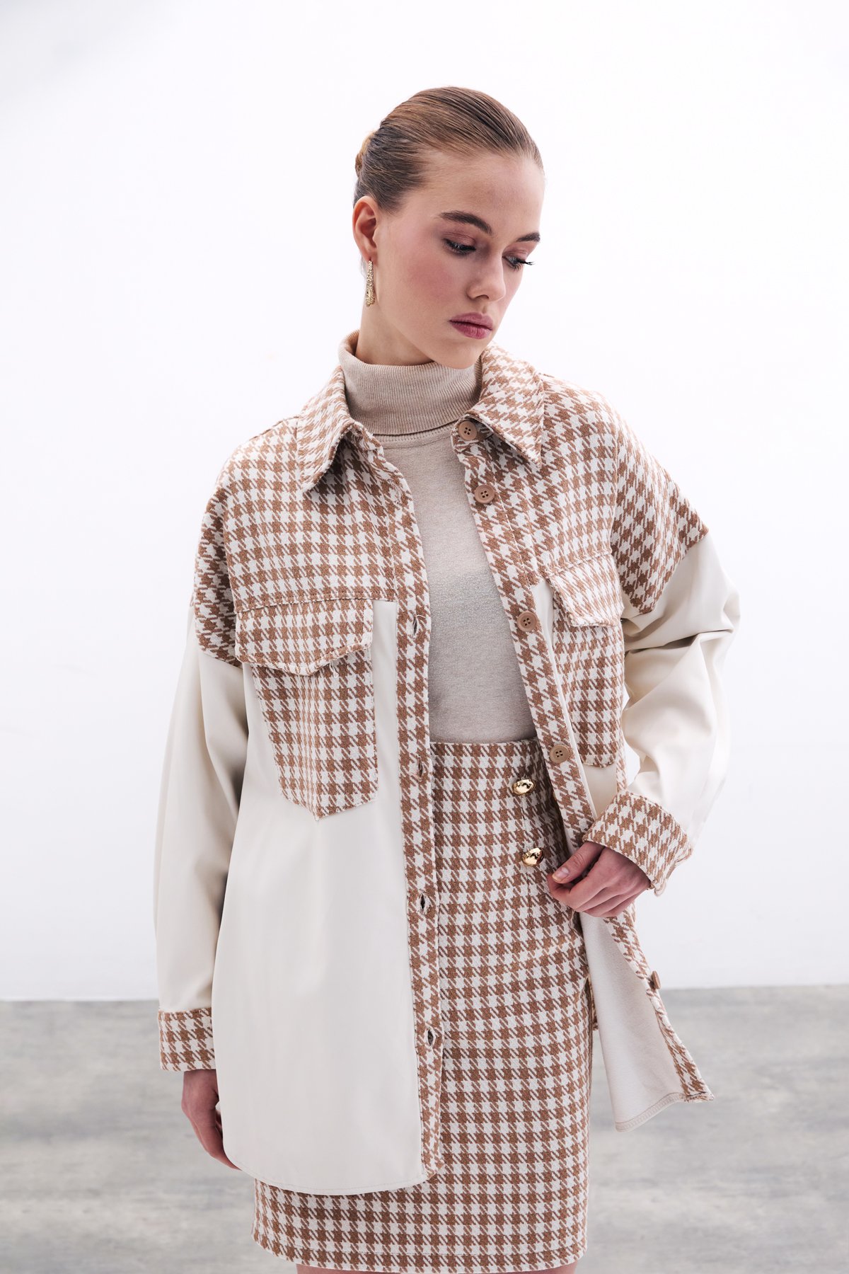 Kazayağı Desenli Mini Etek - Camel