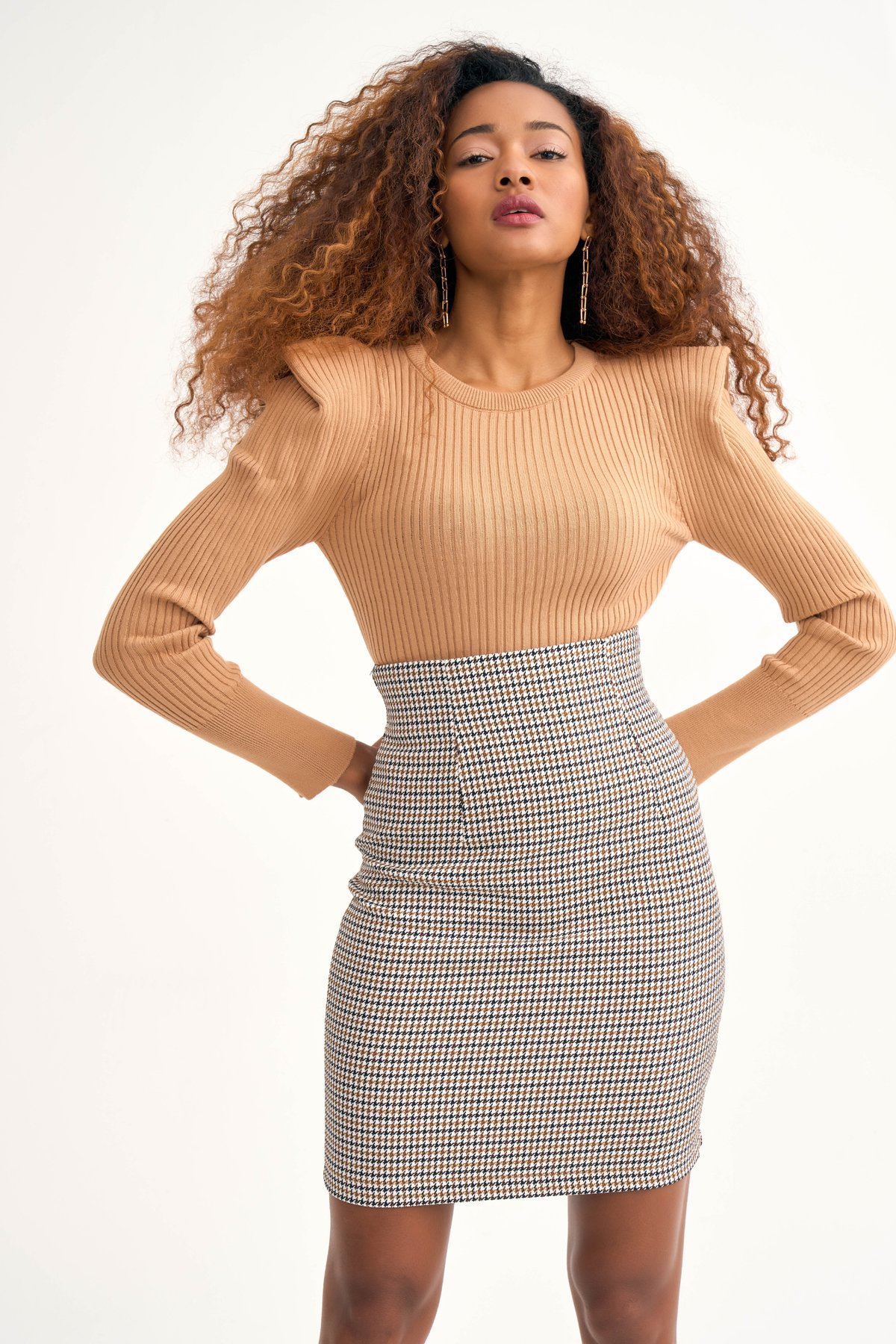 Kazayağı desenli mini etek - KAHVE-HARDAL