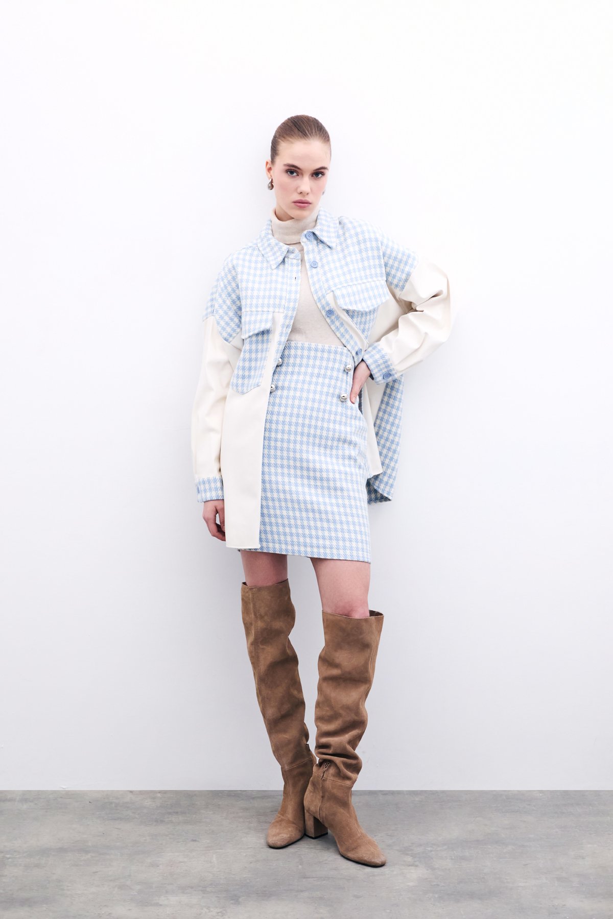 Kazayağı Desenli Mini Etek - Mavi