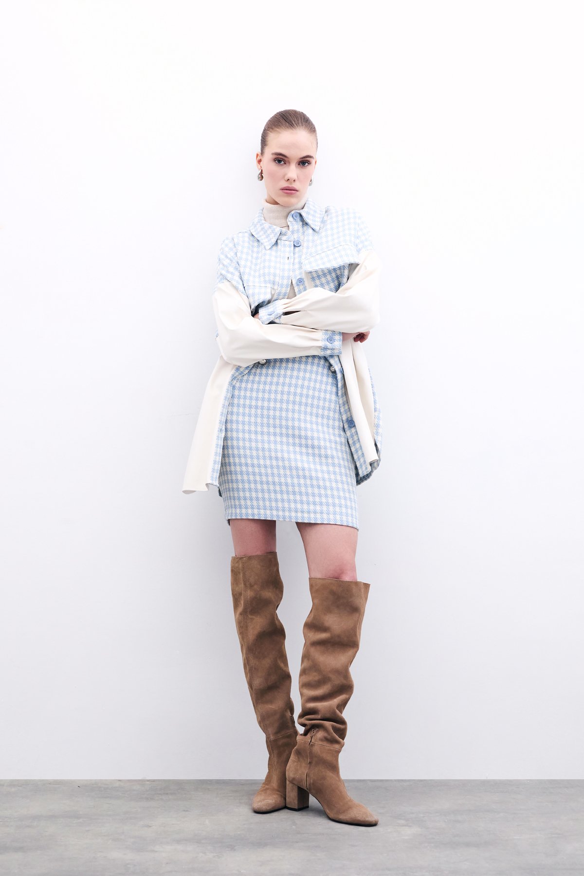 Kazayağı Desenli Mini Etek - Mavi