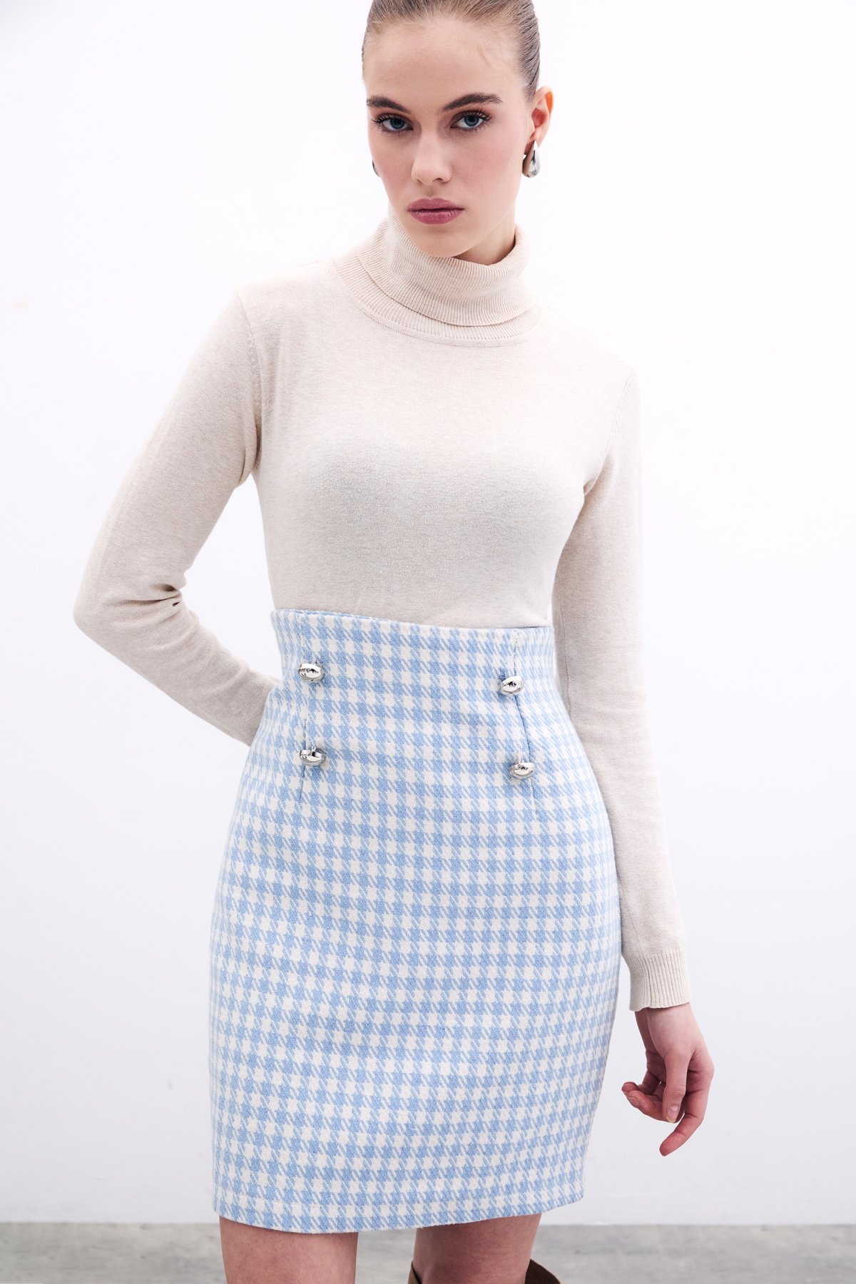 Kazayağı Desenli Mini Etek - Mavi