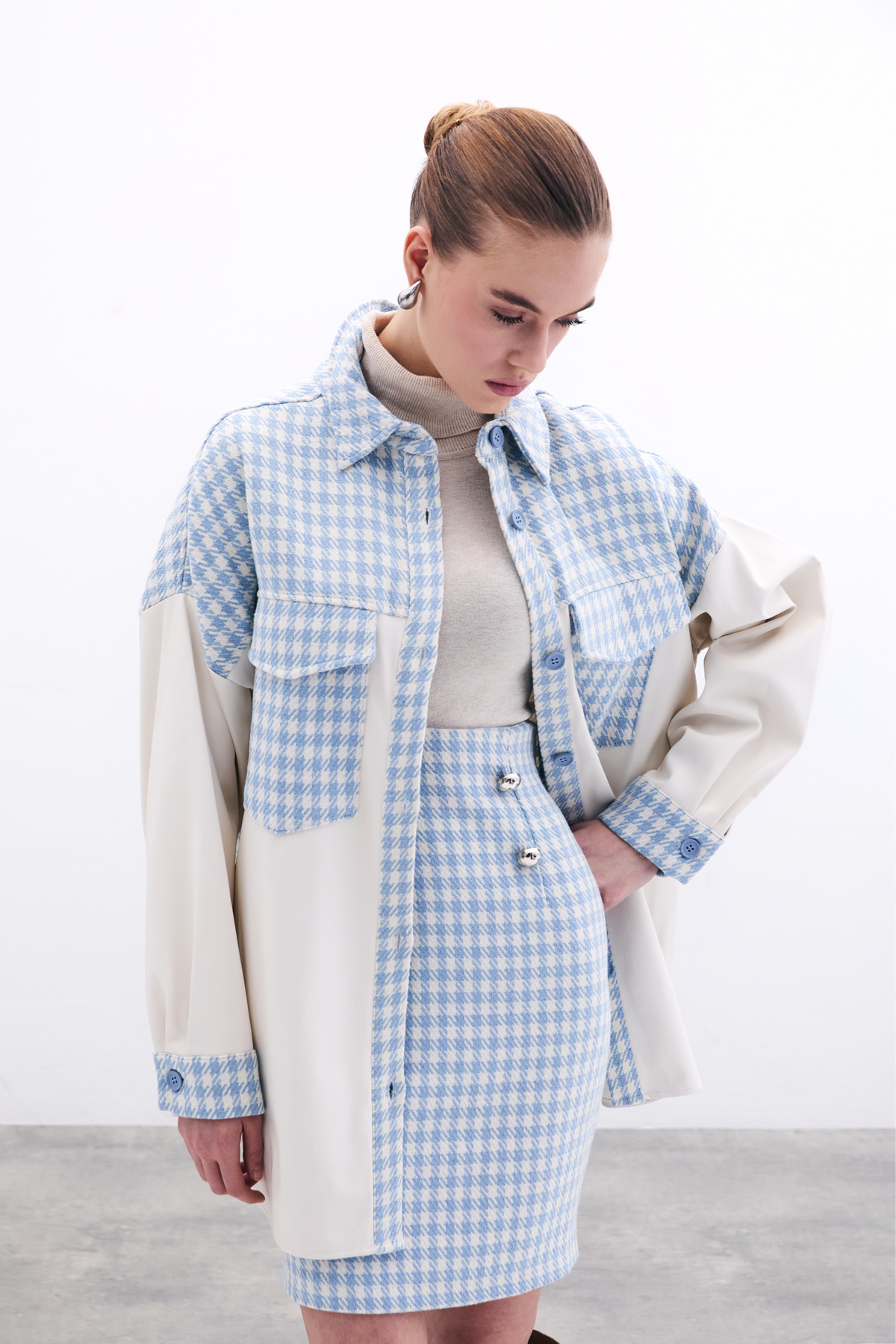 Kazayağı Desenli Mini Etek - Mavi