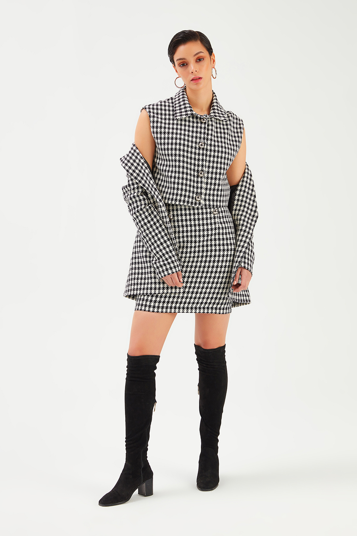 Kazayağı Desenli Mini Etek - SİYAH