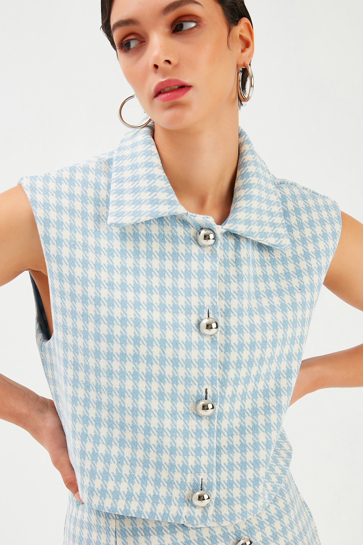 Kazayağı Desenli Yelek - MAVİ