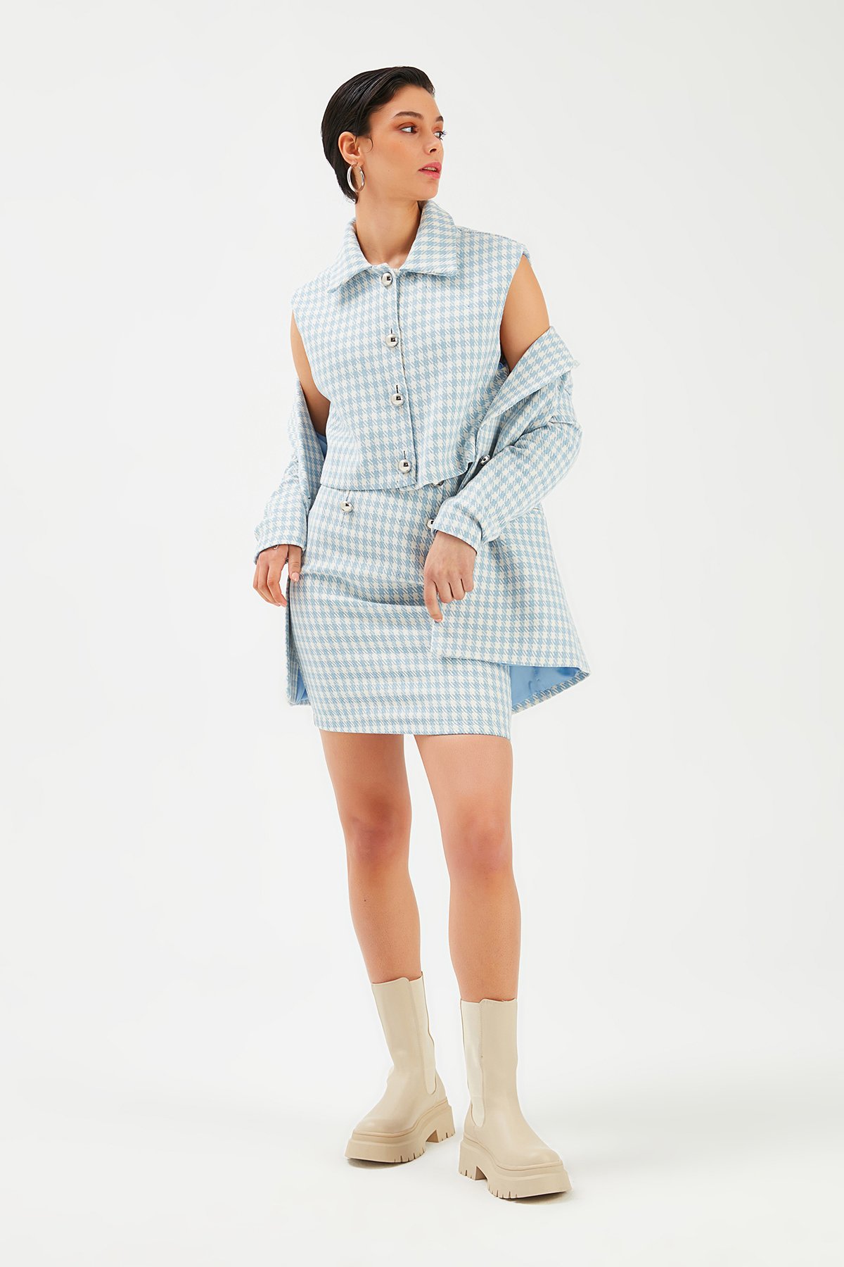 Kazayağı Desenli Yelek - MAVİ