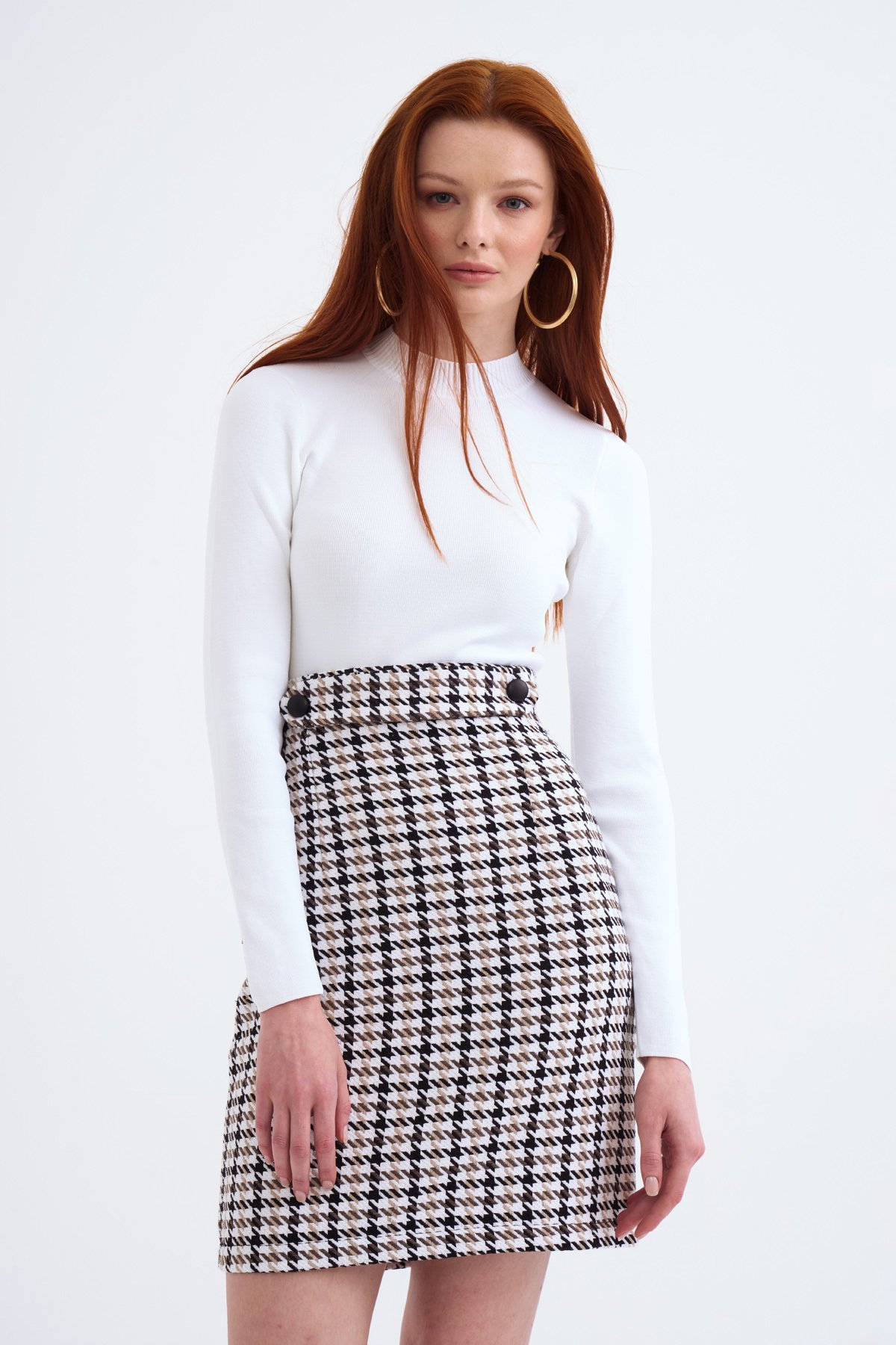 Kazayağı dokulu kalem etek - BEJ-KAHVE