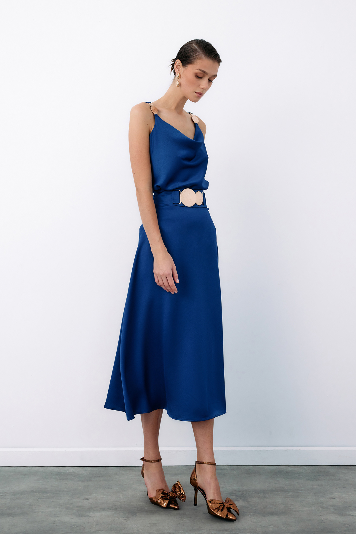 Kemer Aksesuarlı Kloş Etek - LACİVERT