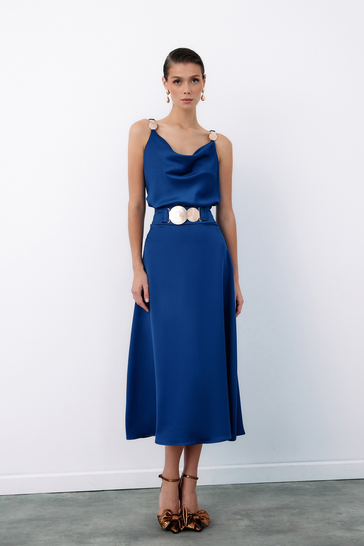 Kemer Aksesuarlı Kloş Etek - LACİVERT