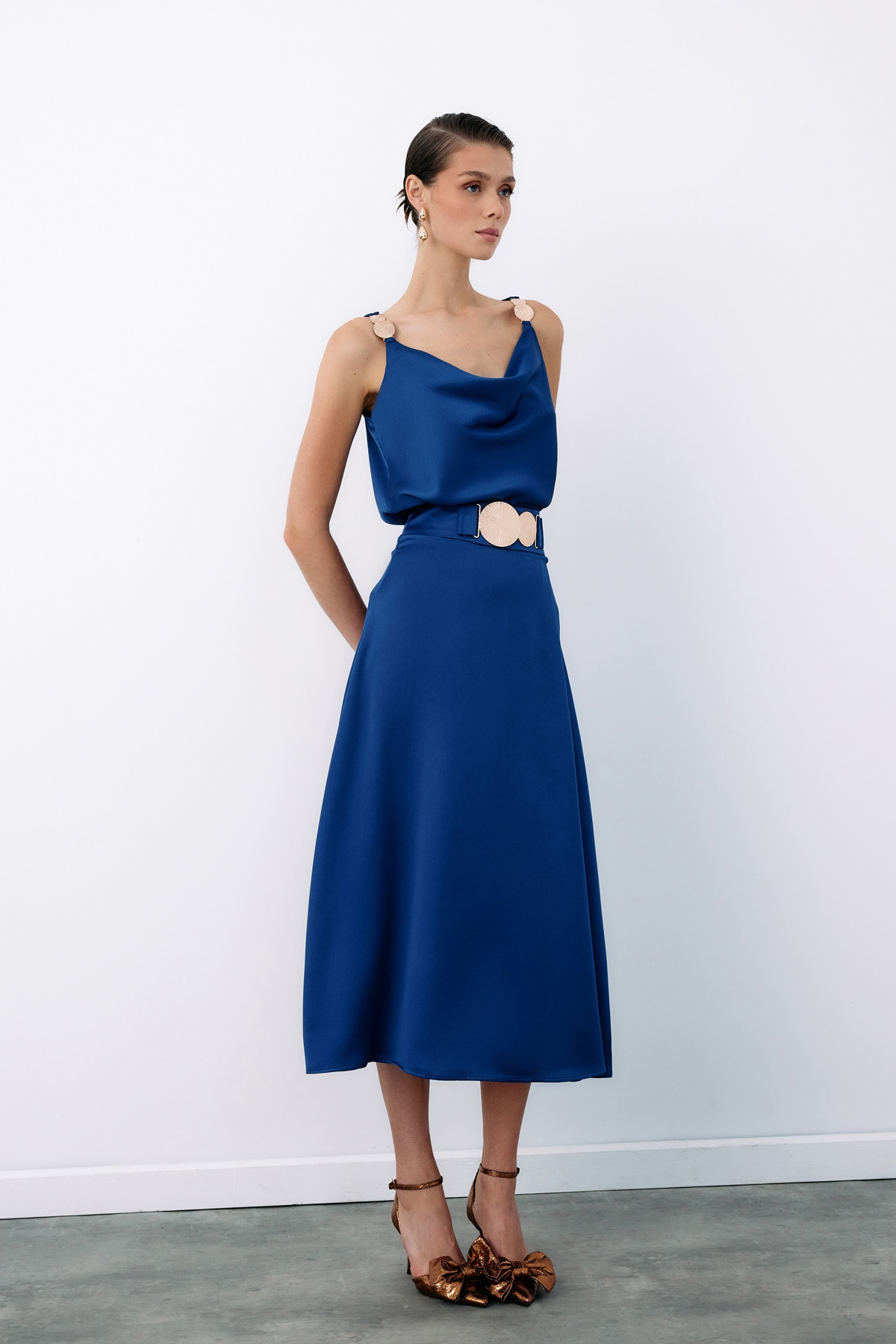 Kemer Aksesuarlı Kloş Etek - LACİVERT