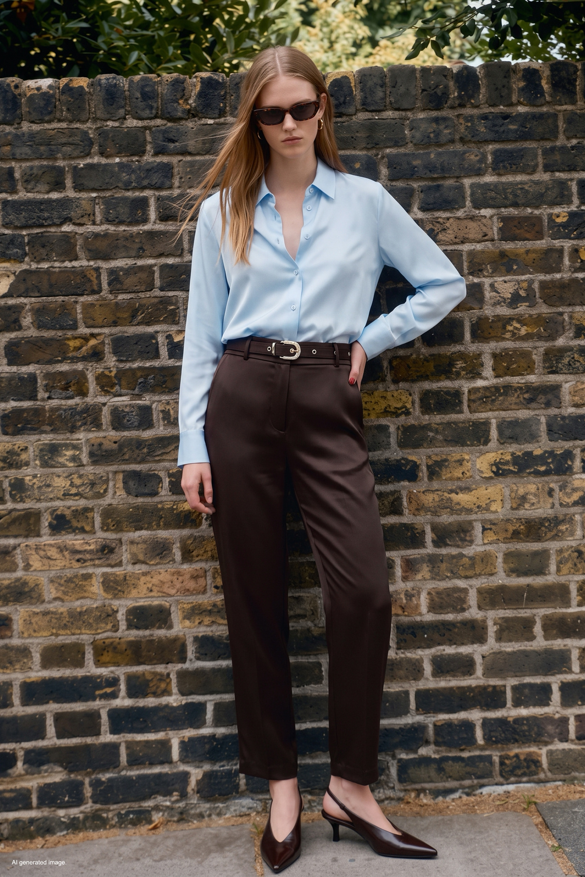 Belt-Detail Satin Classic Trousers - Brown