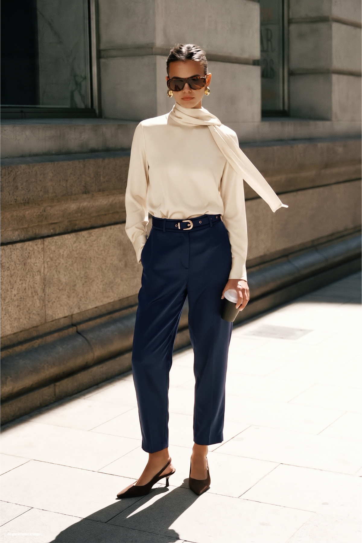 Belt-Detail Satin Classic Trousers - Blue
