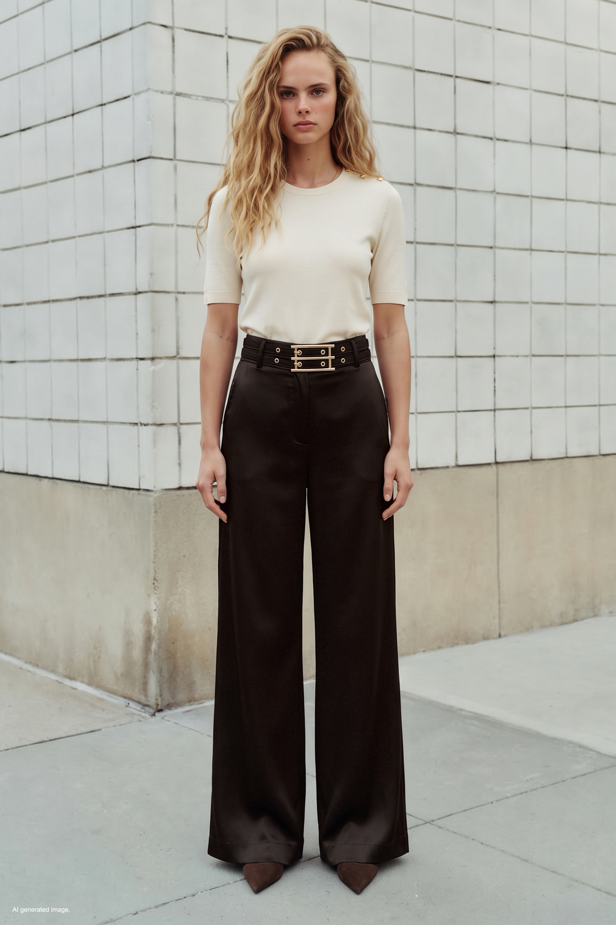 Belt-Detail Satin Trousers - Brown